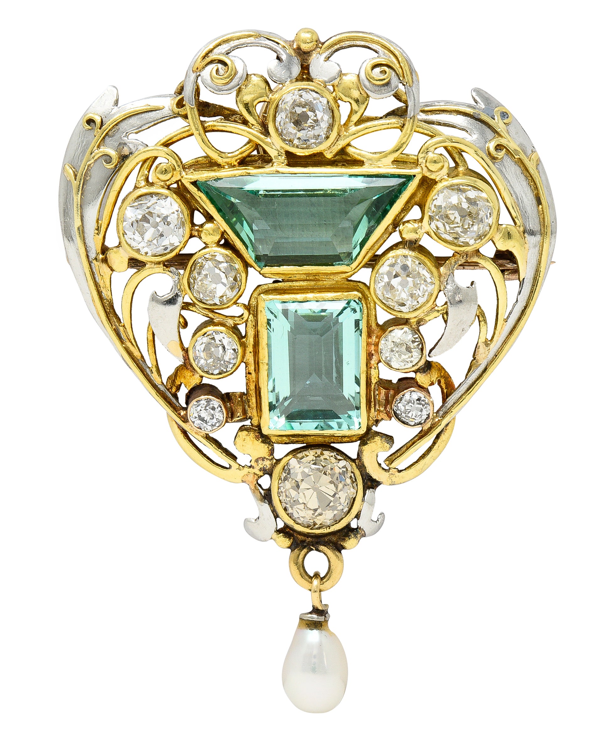 Arts & Crafts 8.80 CTW No Oil Emerald Diamond Pearl Platinum 18 Karat Yellow Gold Scrolling Foliate Antique Pendant Brooch GIA Wilson's Estate Jewelry