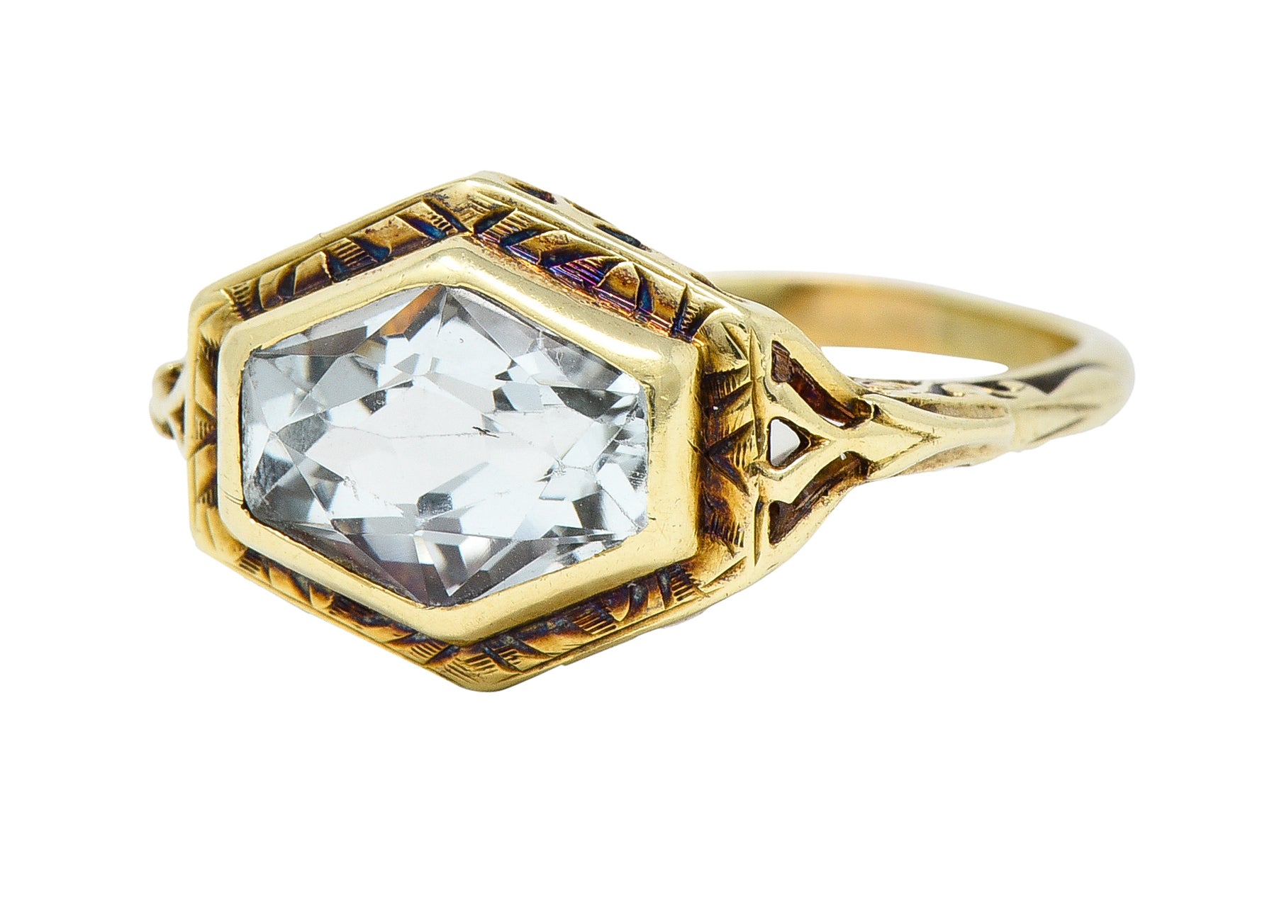 Kent & Woodland Co. Art Deco Aquamarine 14 Karat yellow Gold Scrolling Bezel Set Antique Gemstone Ring Wilson's Estate Jewelry