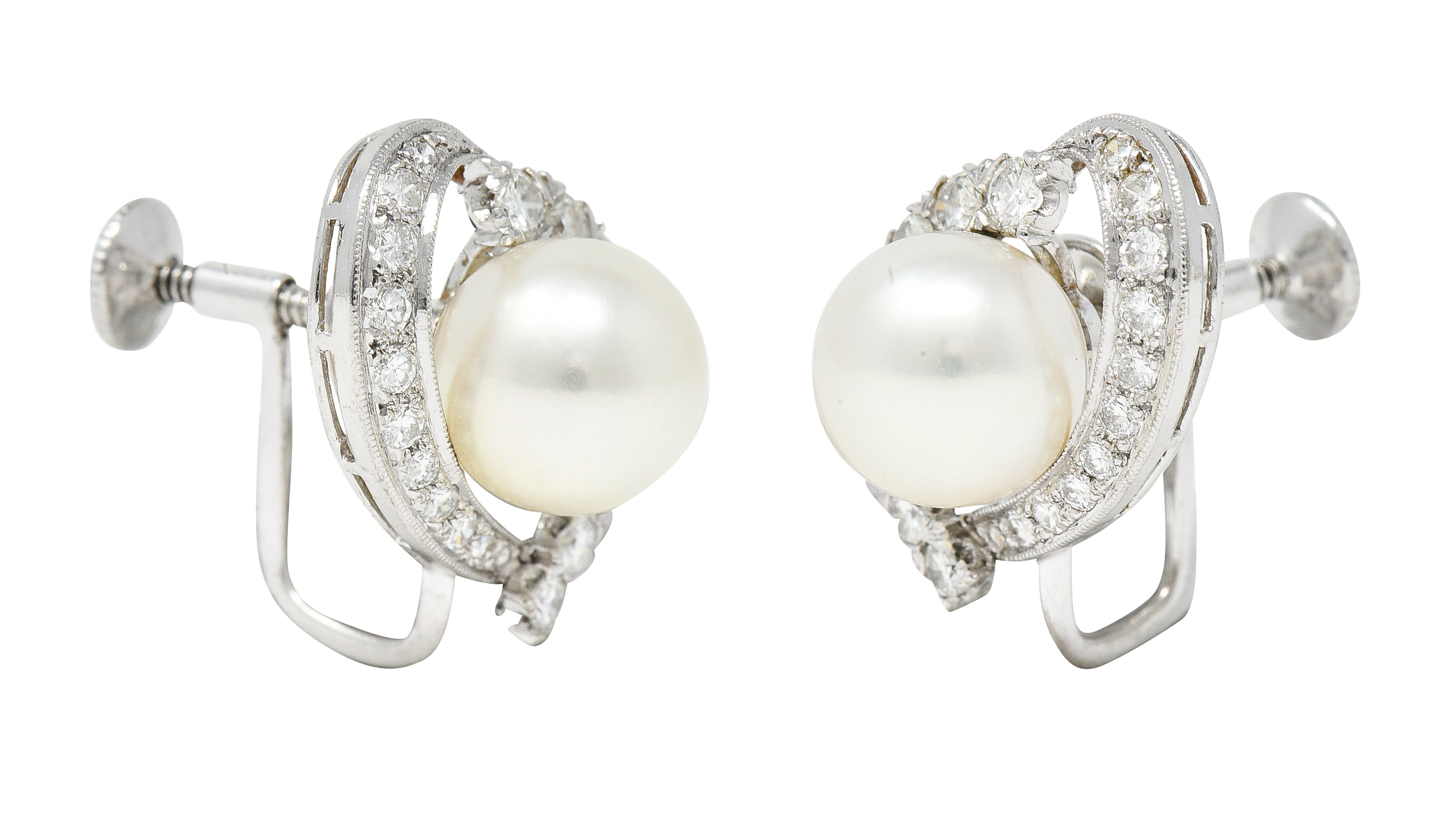 Mikimoto Mid-Century 0.80 CTW Cultured Akoya Pearl 14 Karat White Gold Ribbon Vintage Screw-Back Earrings Wilson's Estate Jewelry