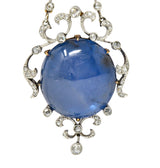 French Edwardian 61.83 CTW Star Sapphire Cabochon Diamond Silver-Topped Whiplash Antique Enhancer Pendant Wilson's Estate Jewelry