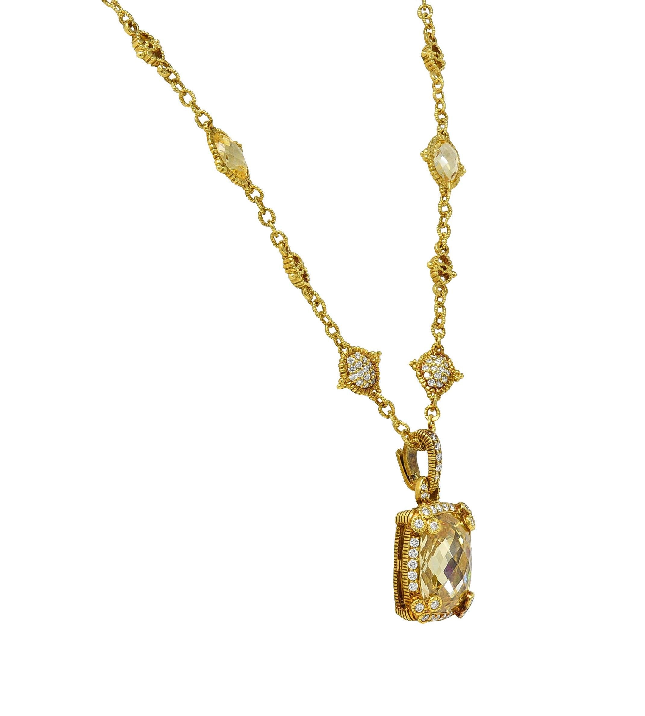 Judith Ripka 23.04 CTW Canary Quartz Diamond 18K Gold Pendant Necklace