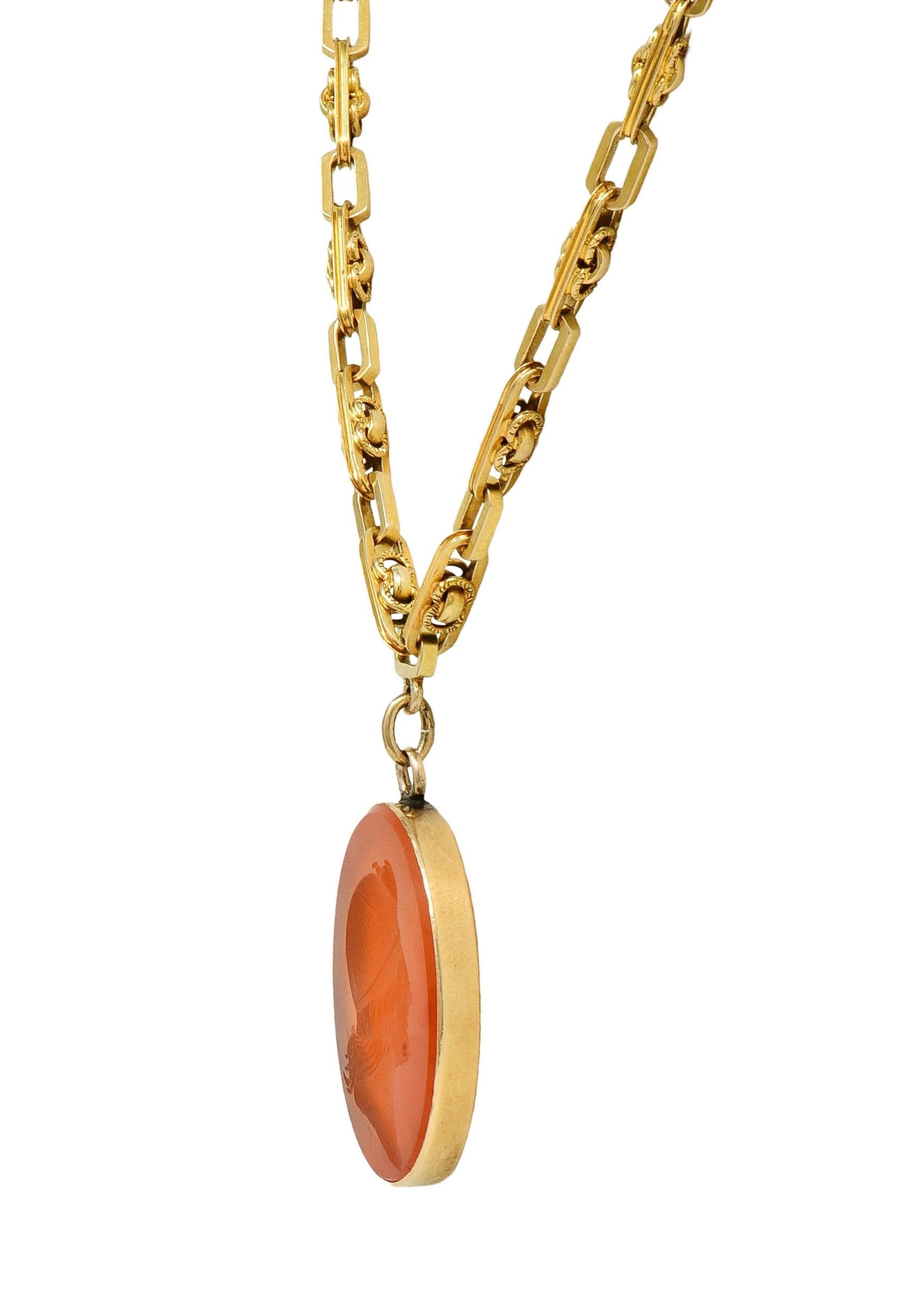 Victorian Carnelian 14K Gold Fancy Link Chain Cameo Antique Pendant Necklace