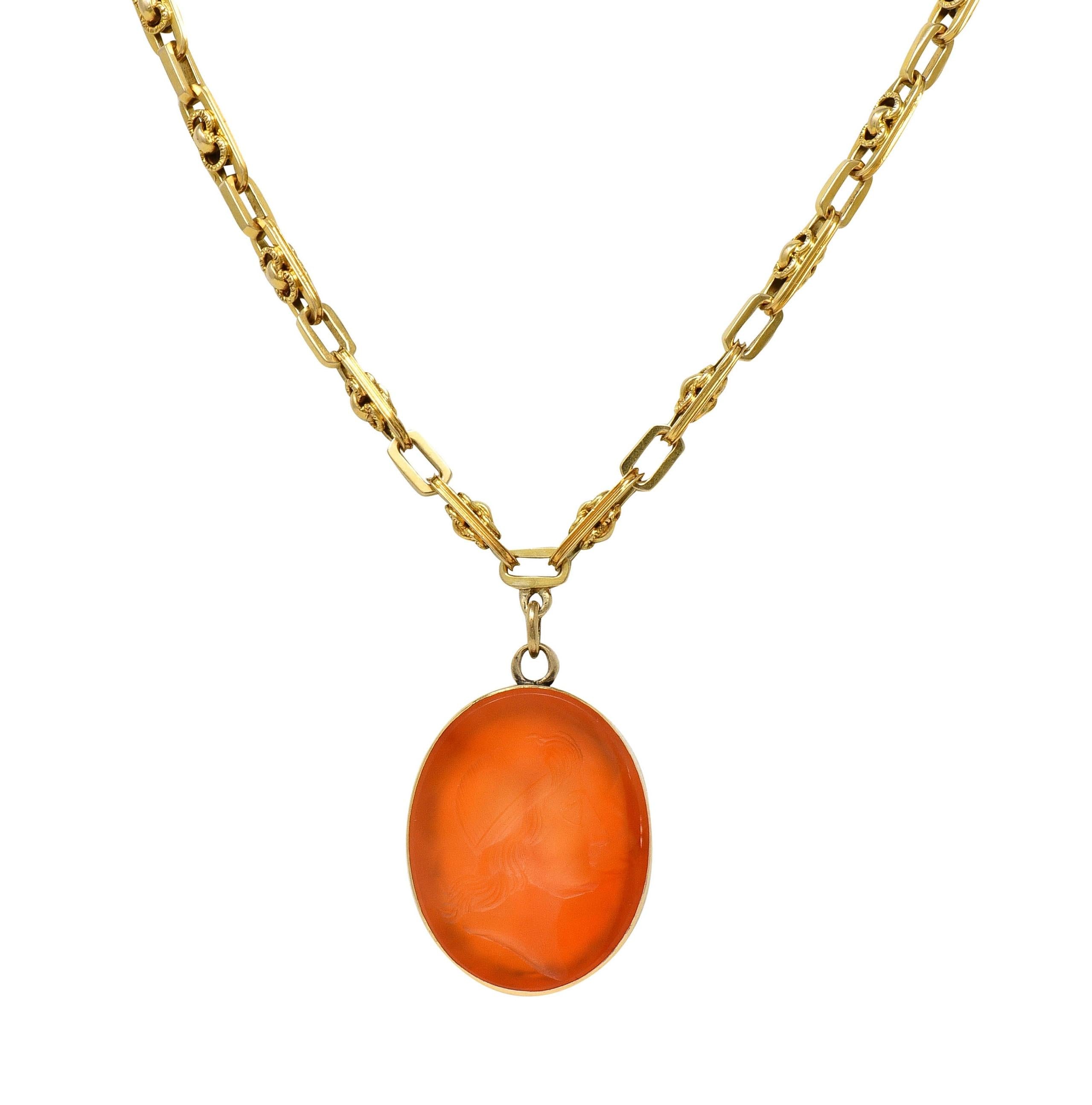 Victorian Carnelian 14K Gold Fancy Link Chain Cameo Antique Pendant Necklace