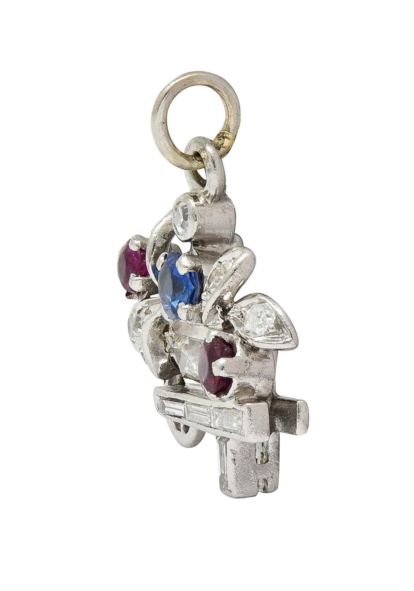 French Art Deco Sapphire Ruby Multi-Gem Platinum Vintage Flower Cart Charm