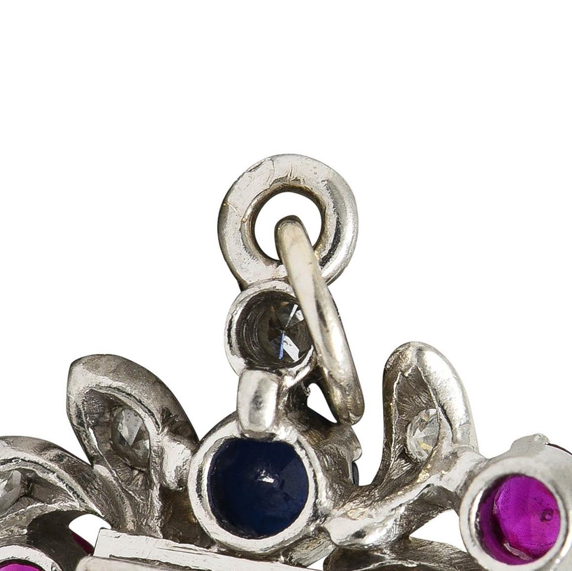 French Art Deco Sapphire Ruby Multi-Gem Platinum Vintage Flower Cart Charm