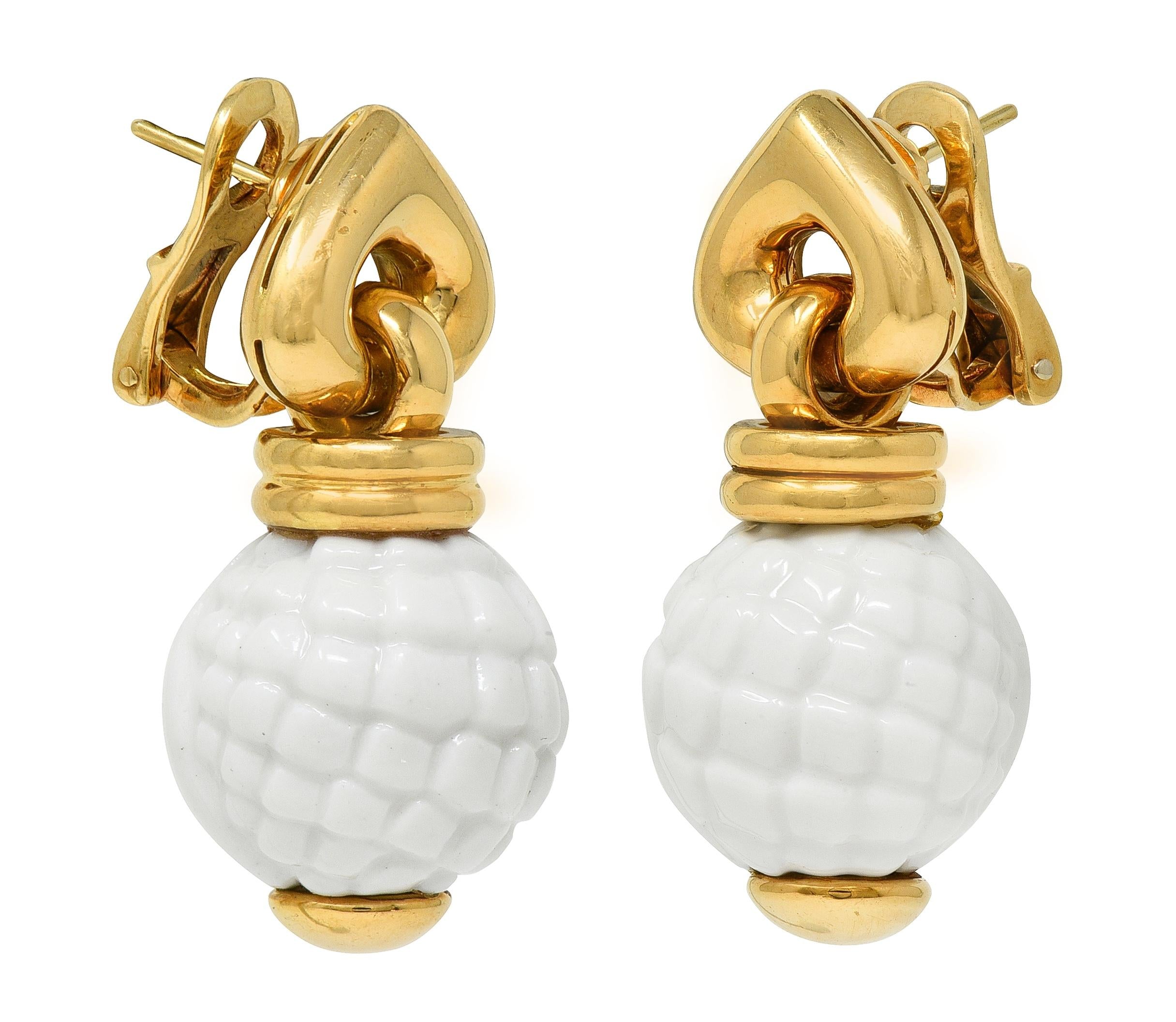 Bulgari 1990's Ceramic 18K Yellow Gold Chandra Beaded Drop Ear-Clip Earrings