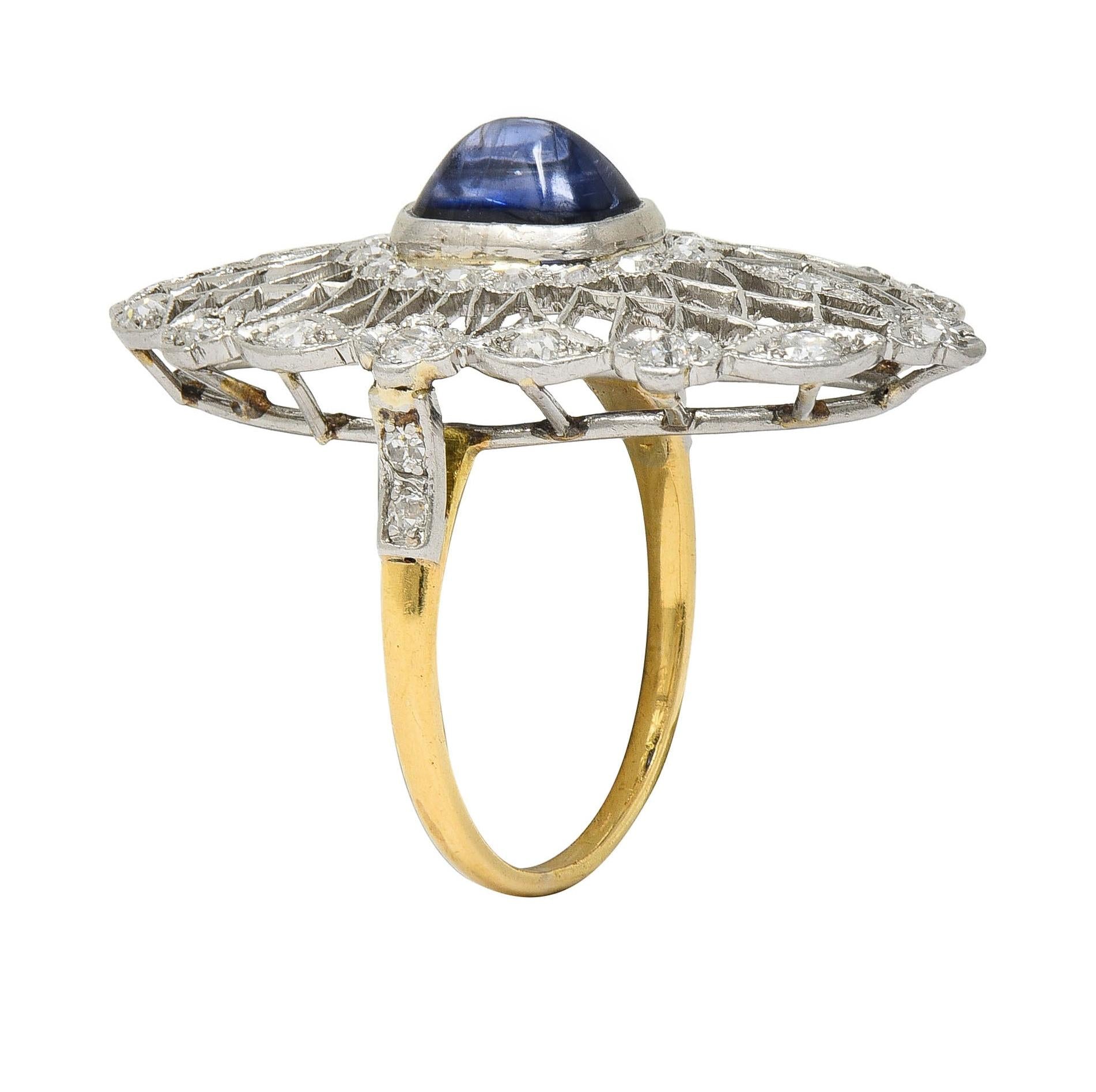 Edwardian 3.78 CTW Sapphire Diamond Platinum 18K Vintage Navette Dinner Ring