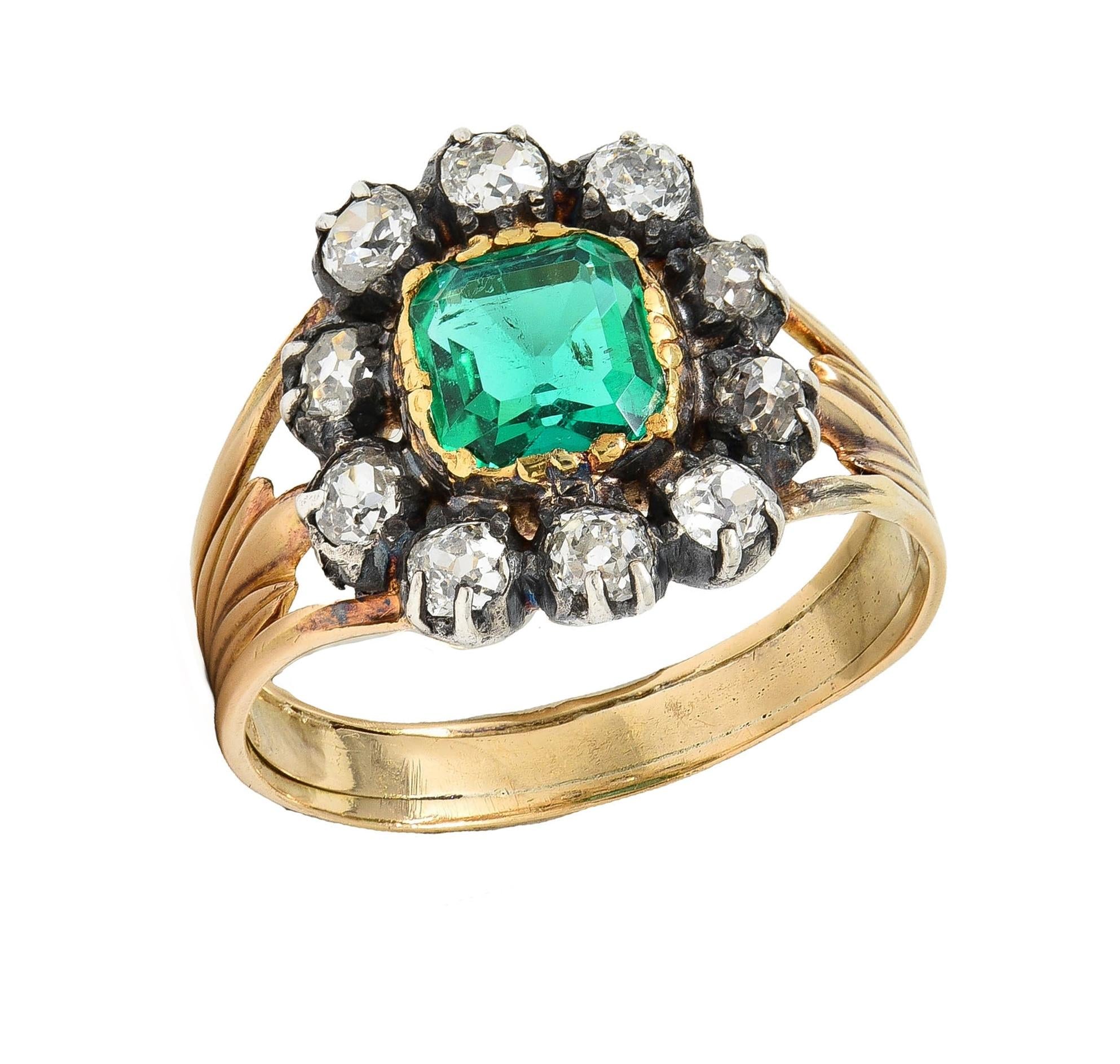 Victorian 1.87 CTW Emerald Diamond Silver 14 Karat Gold Antique Halo Ring GIA