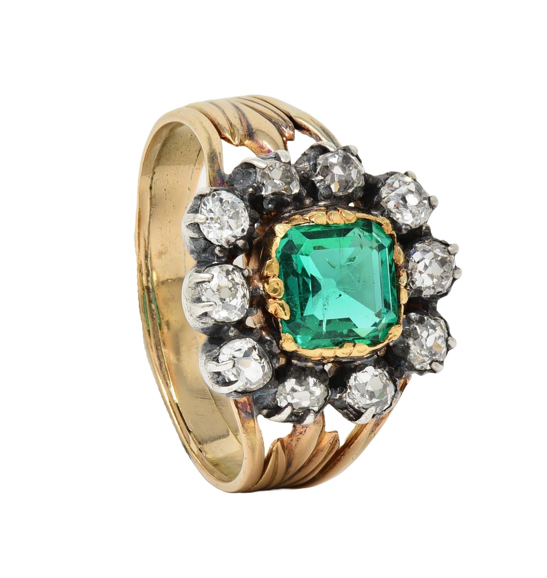 Victorian 1.87 CTW Emerald Diamond Silver 14 Karat Gold Antique Halo Ring GIA