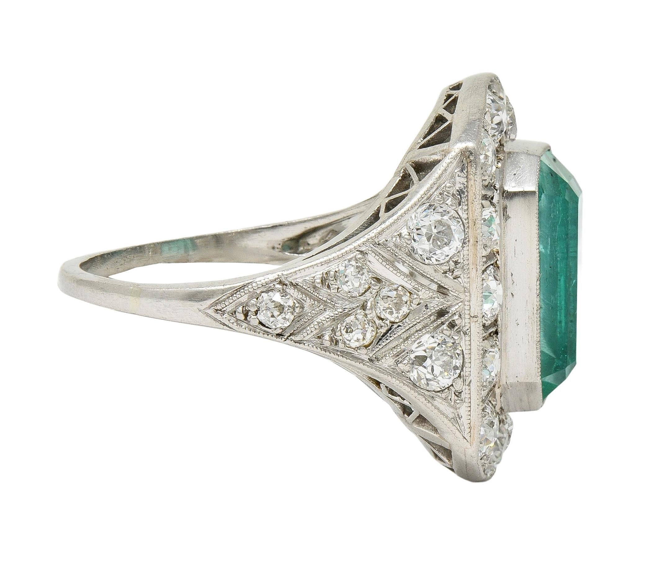 Art Deco 5.86 CTW Colombian Emerald Diamond Platinum Vintage Halo Ring GIA