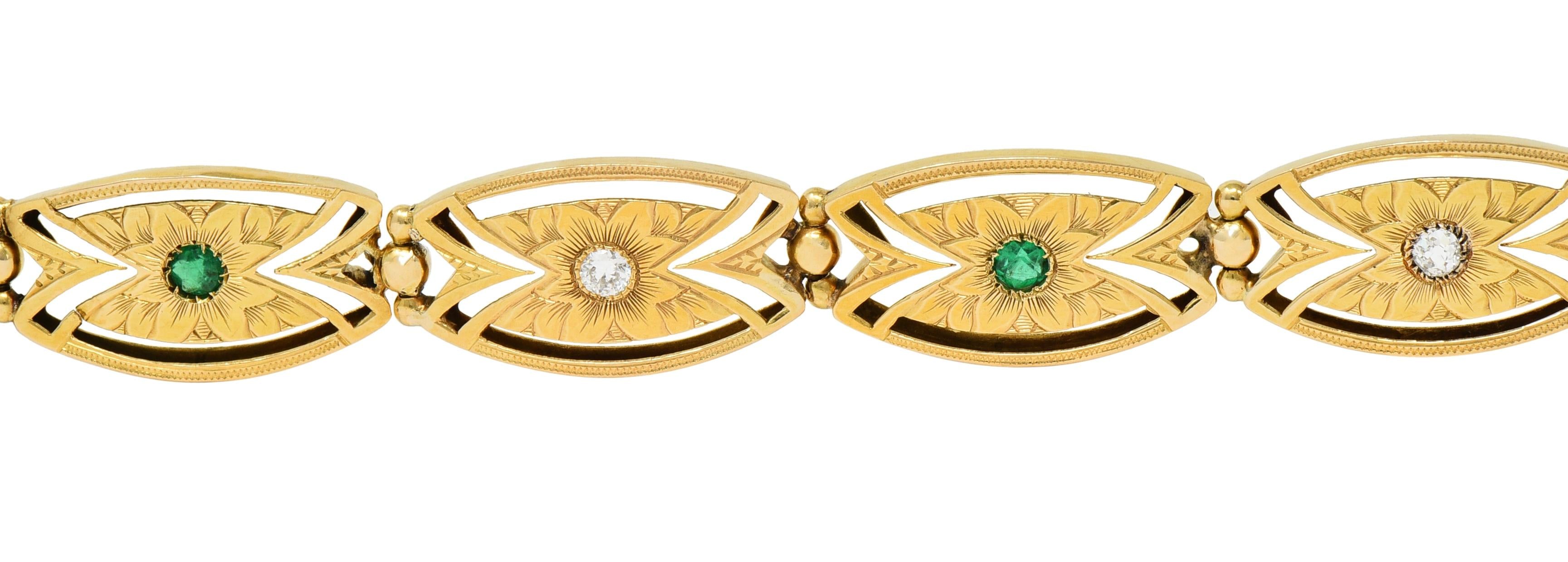 Art Nouveau Diamond Emerald 14 Karat Yellow Gold Floral Navette Link Bracelet