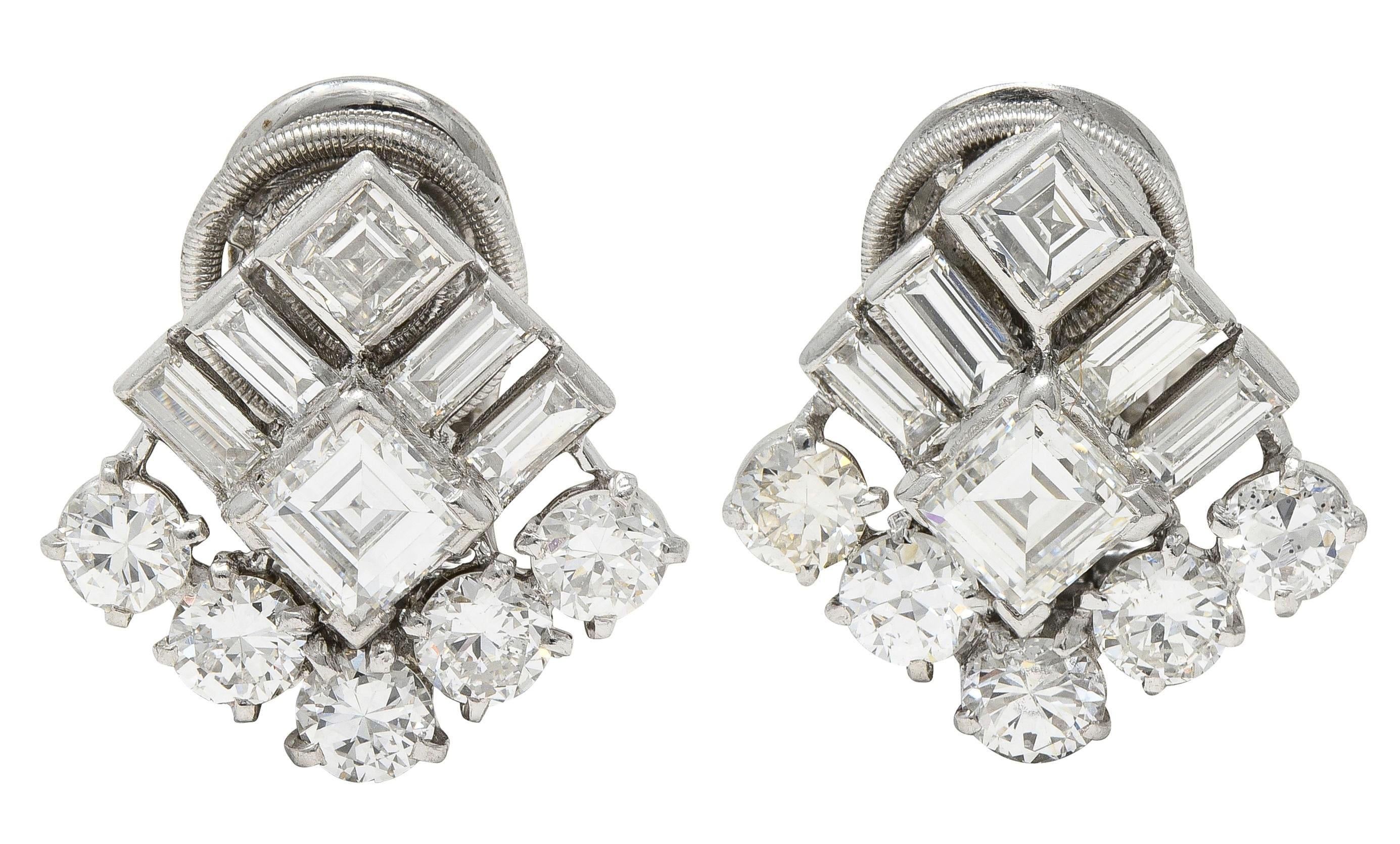 Cartier Mid-Century Platinum Diamond Vintage Cluster Earrings