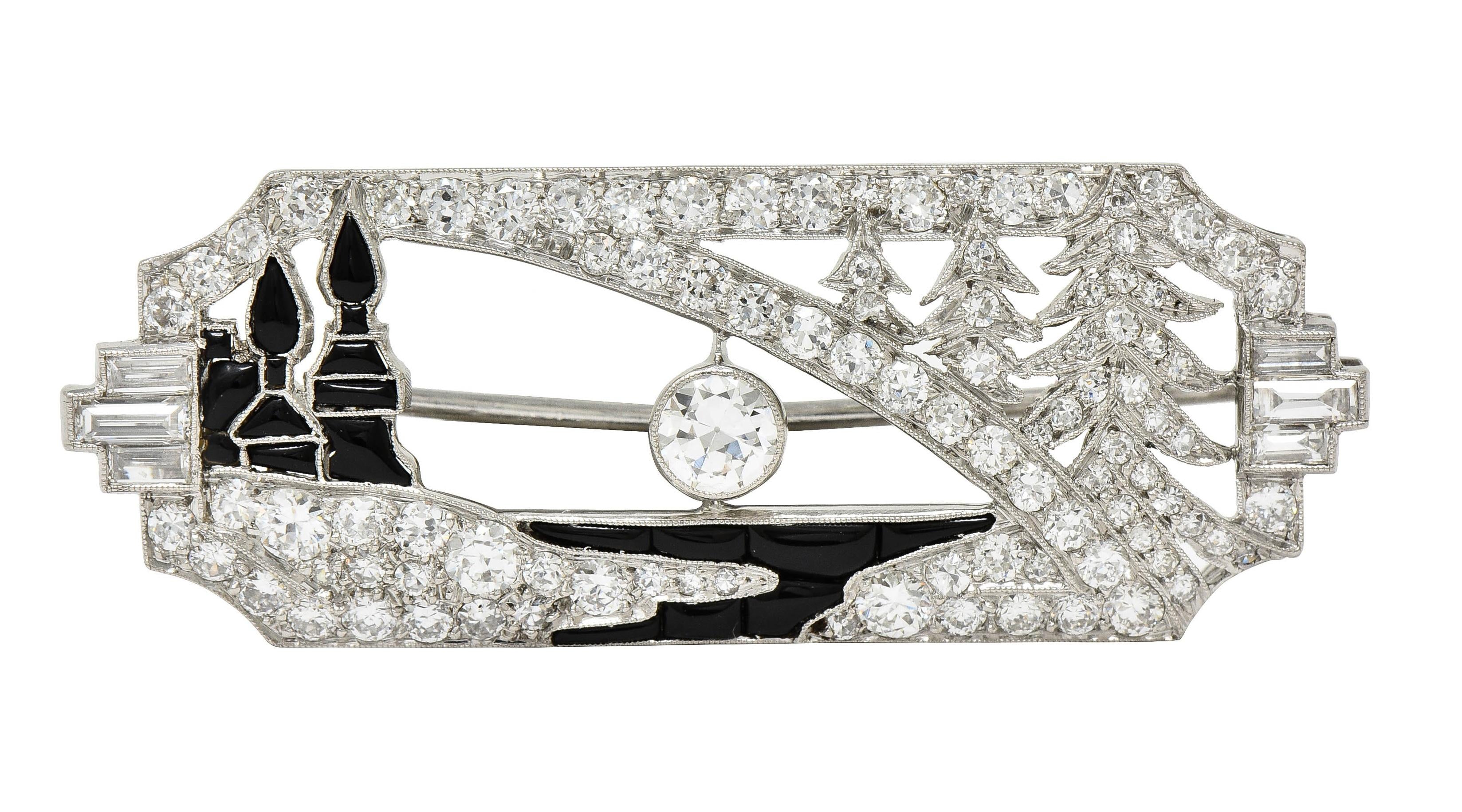 Art Deco 2.63 CTW Diamond Onyx Platinum Antique Horizon Brooch