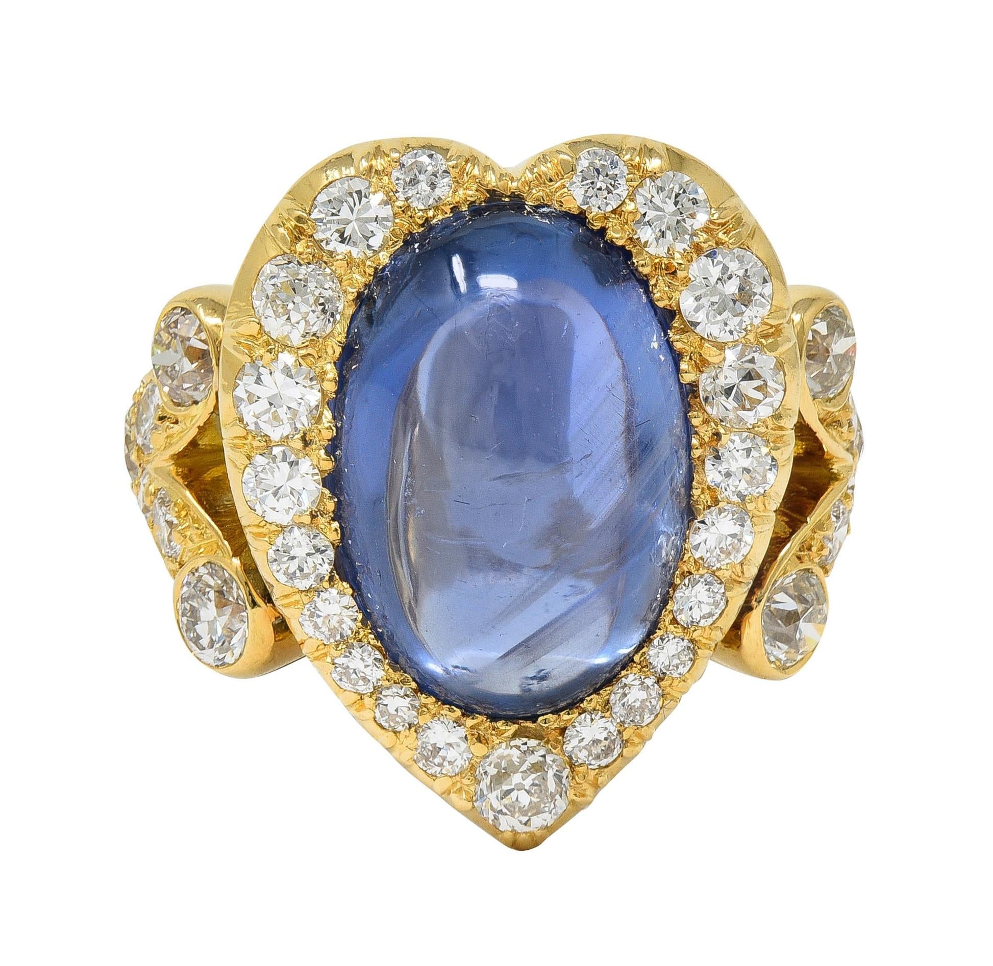 Mid-Century 15.35 CTW Ceylon Sapphire Diamond 14K Gold Heart Cluster Ring GIA