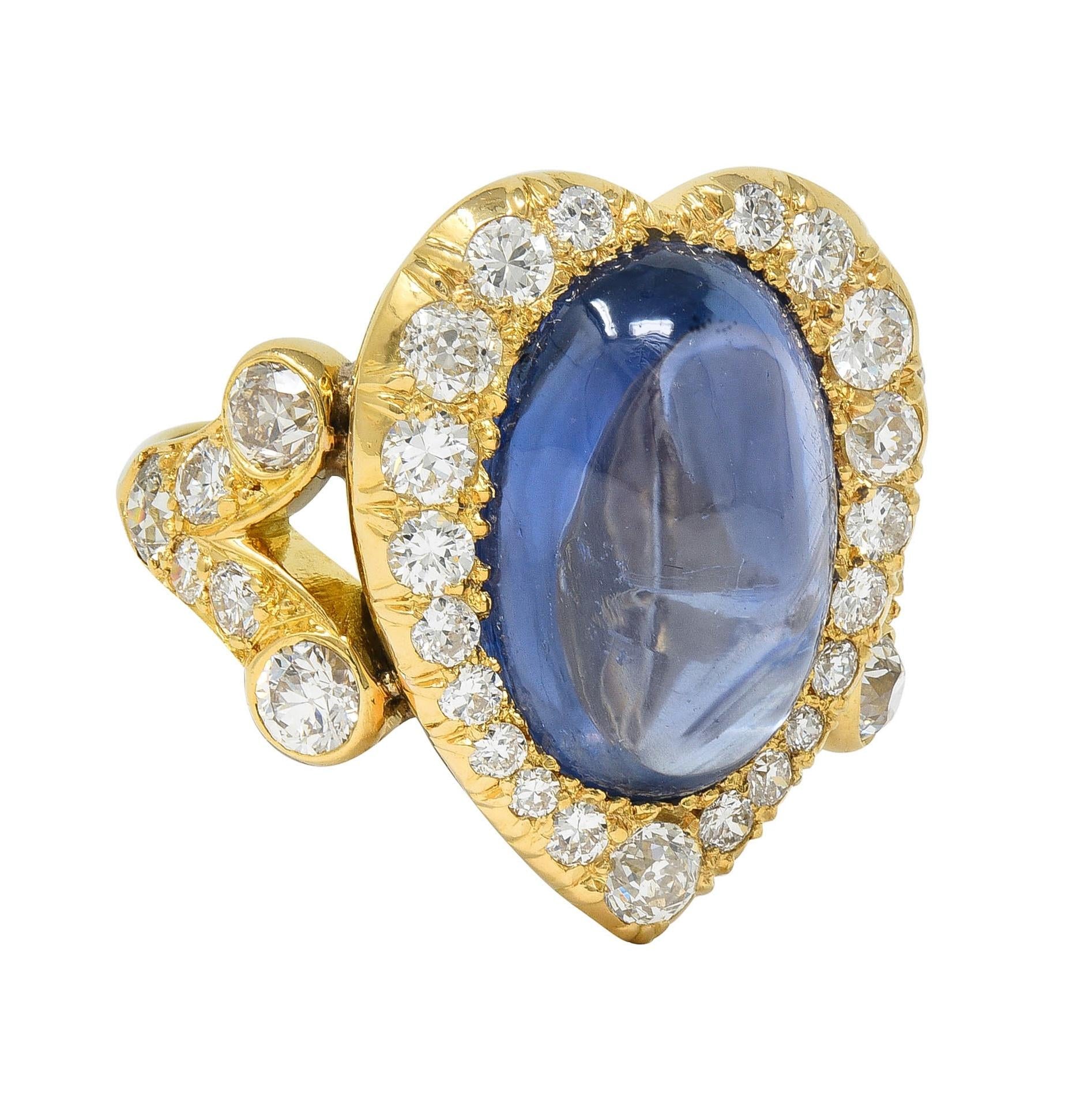 Mid-Century 15.35 CTW Ceylon Sapphire Diamond 14K Gold Heart Cluster Ring GIA