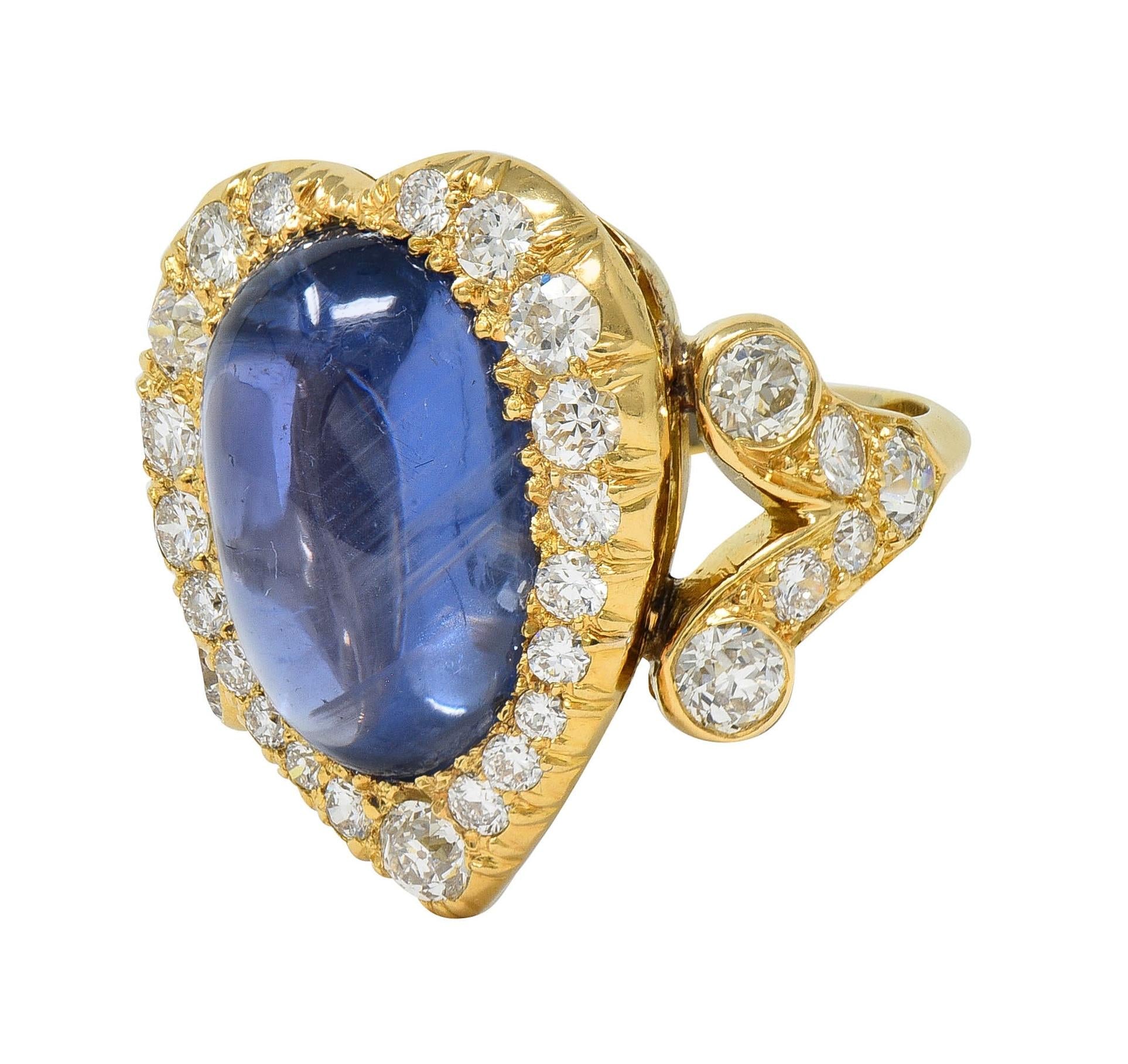 Mid-Century 15.35 CTW Ceylon Sapphire Diamond 14K Gold Heart Cluster Ring GIA