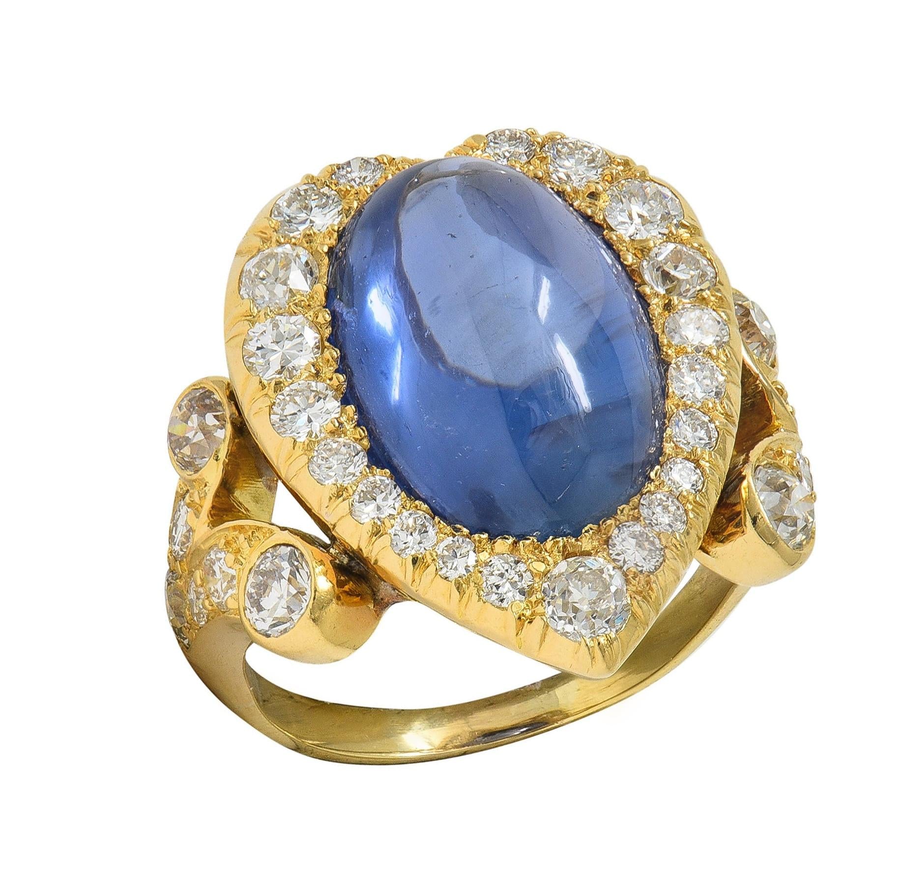 Mid-Century 15.35 CTW Ceylon Sapphire Diamond 14K Gold Heart Cluster Ring GIA