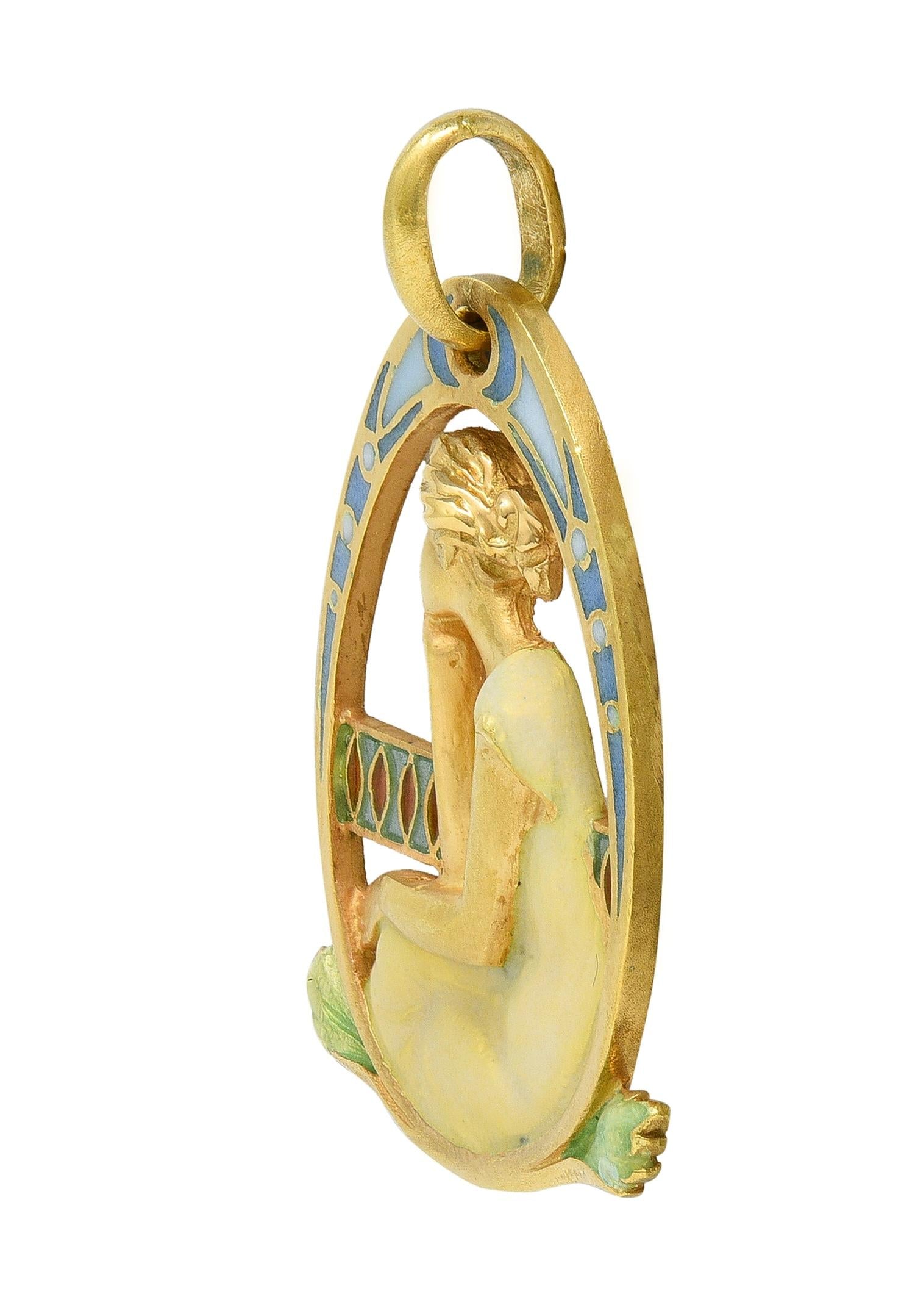 Masriera Art Nouveau Enamel 18K Yellow Gold Antique Pliqué-A-Jour Lady Pendant