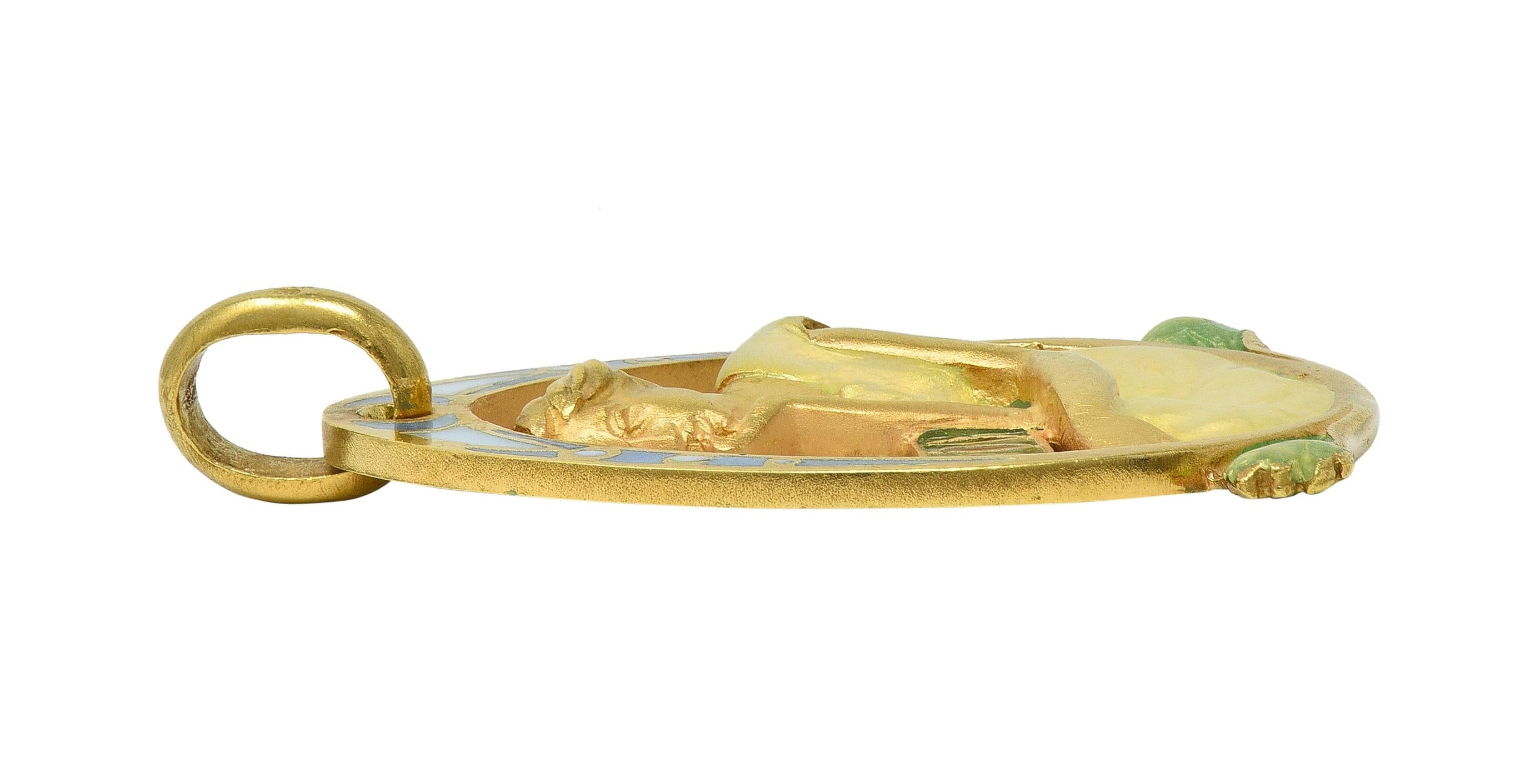 Masriera Art Nouveau Enamel 18K Yellow Gold Antique Pliqué-A-Jour Lady Pendant