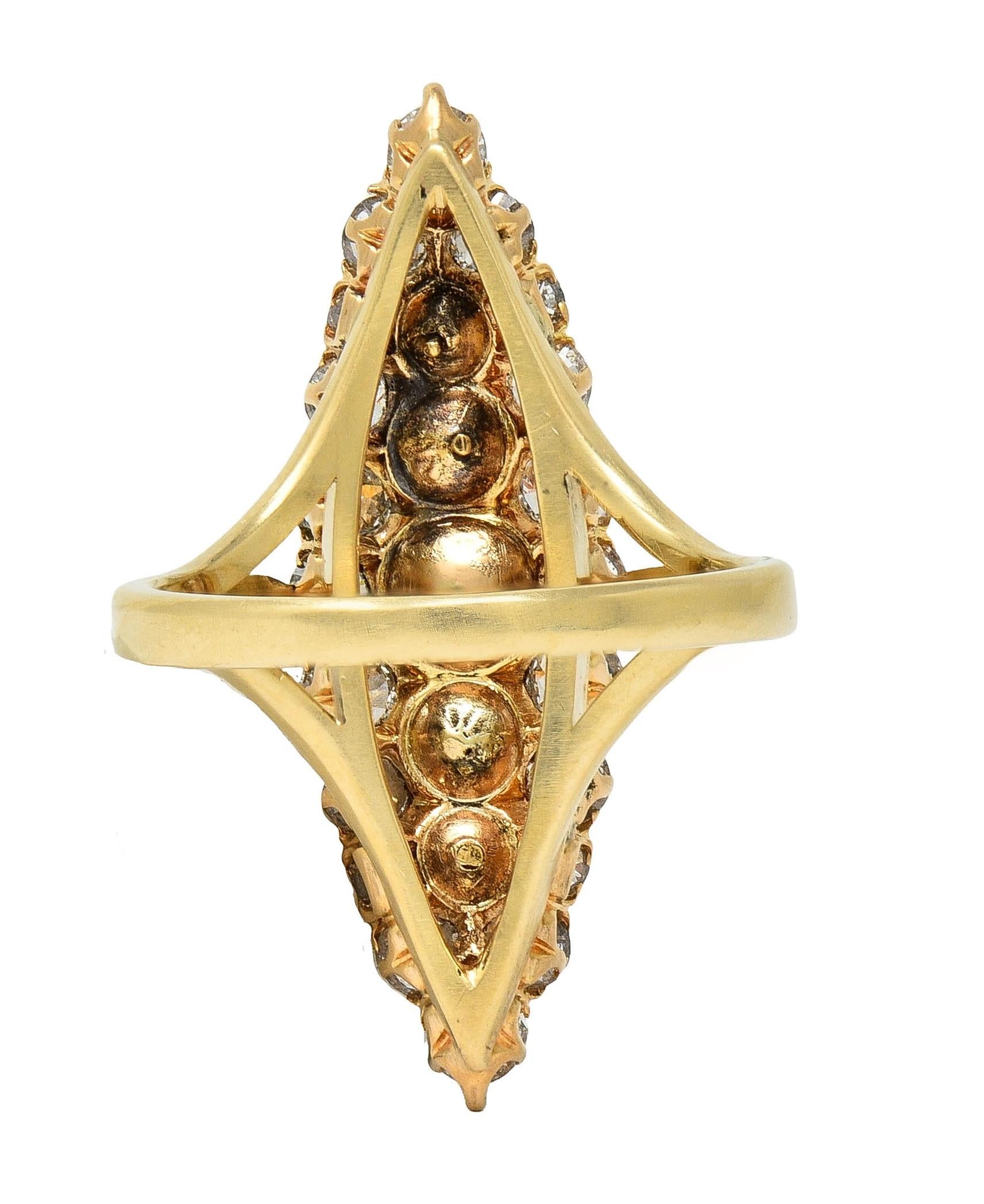 Victorian 1.42 CTW Diamond Natural Pearl 14 Kt Yellow Gold Antique Navette Ring