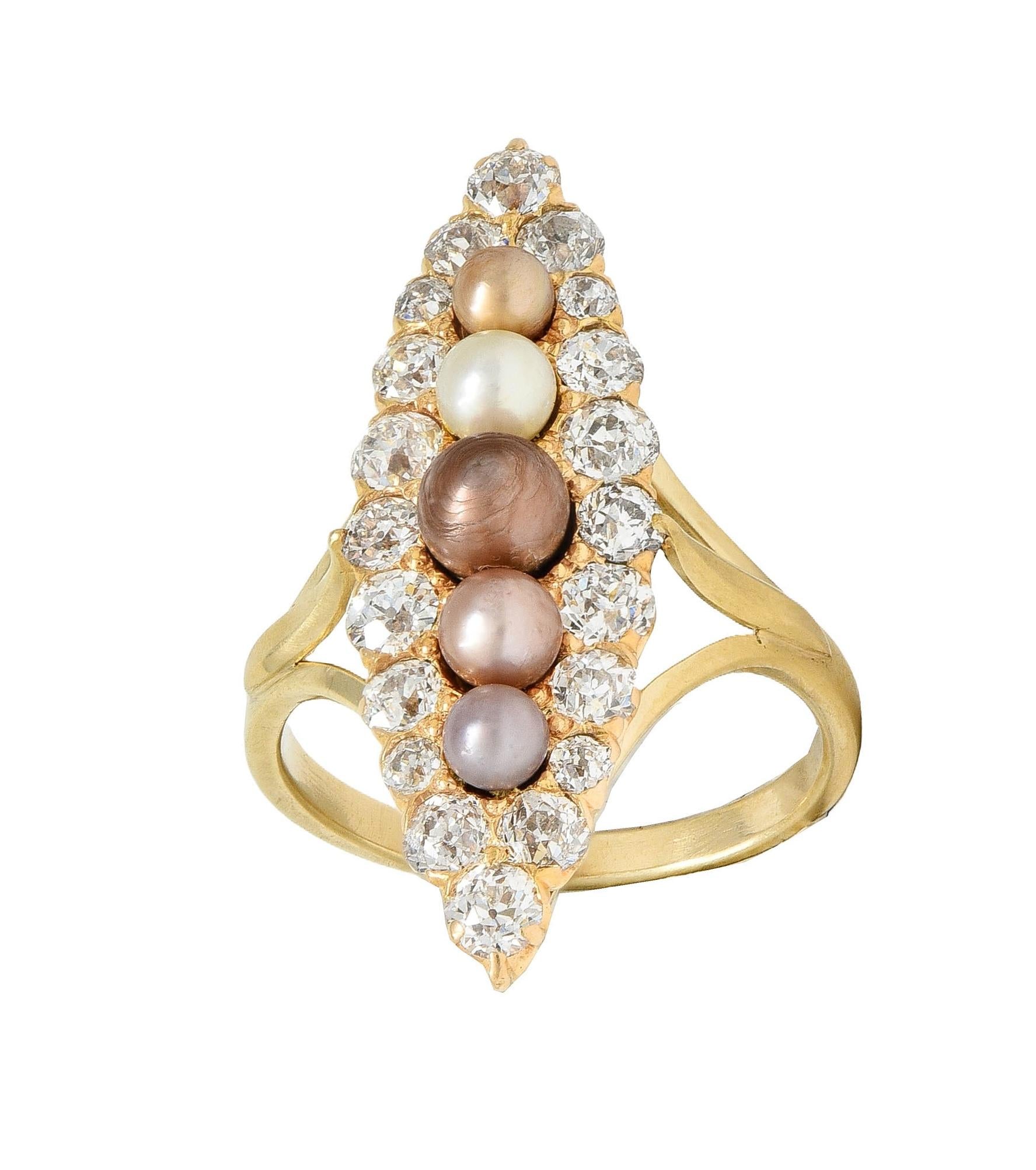 Victorian 1.42 CTW Diamond Natural Pearl 14 Kt Yellow Gold Antique Navette Ring