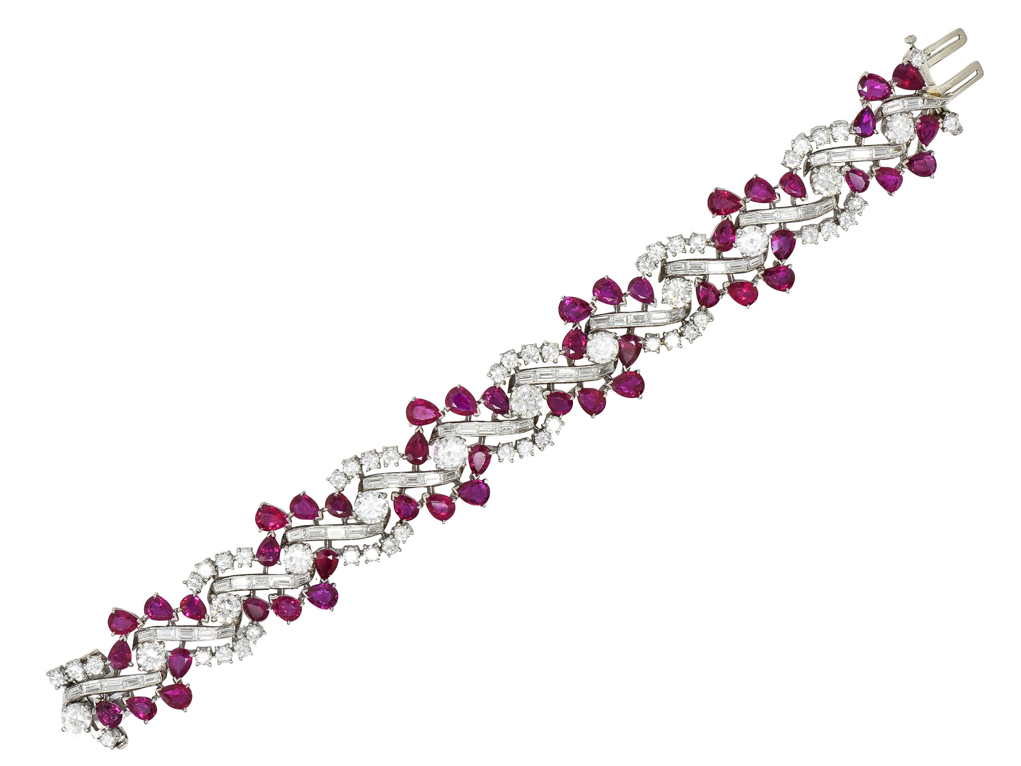 Mid-Century No Heat Burma Ruby Diamond Platinum Vintage Twist Line Bracelet