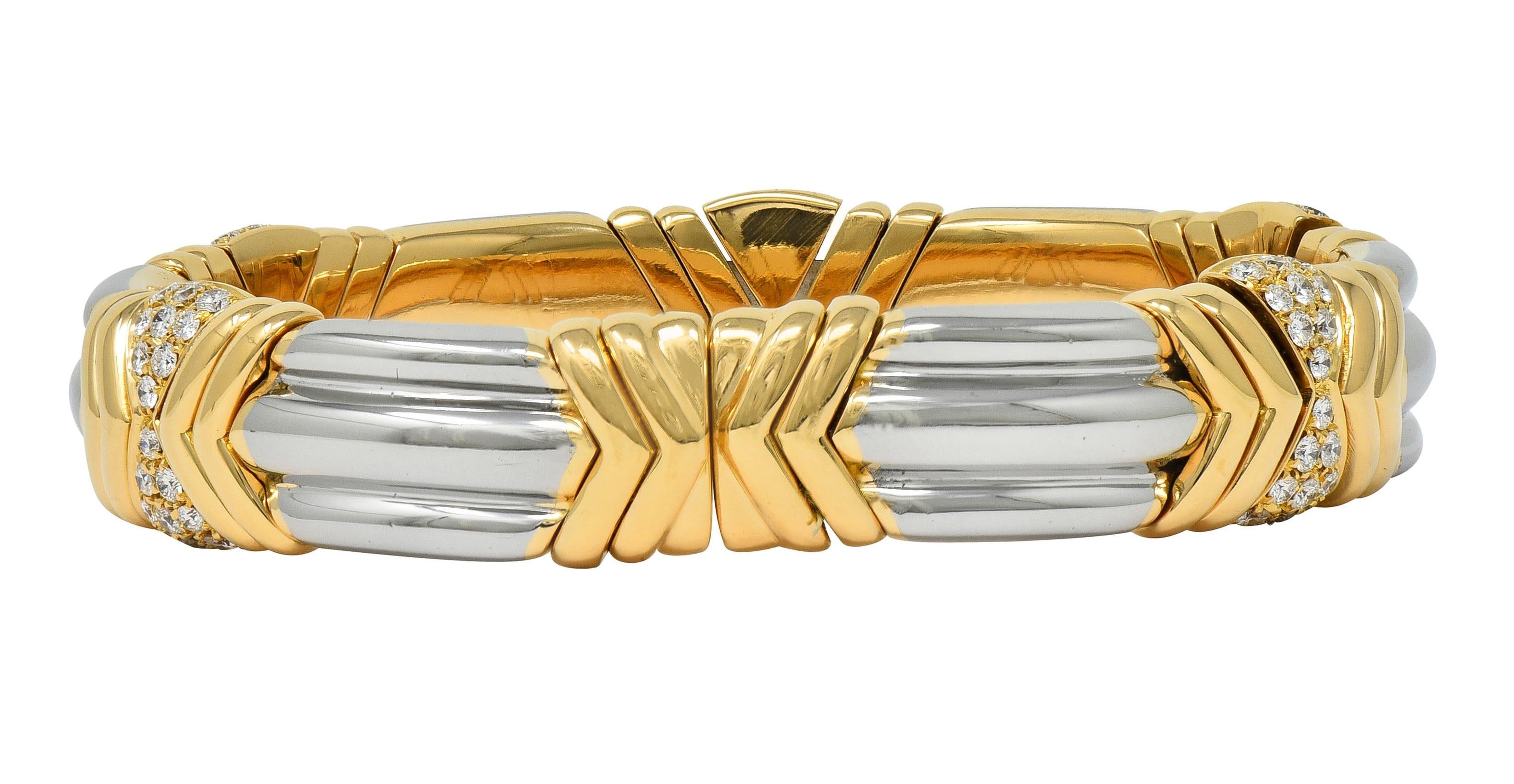 Bulgari 1980's 2.50 CTW Diamond Steel 18 Karat Yellow Gold Vintage Cuff Bracelet