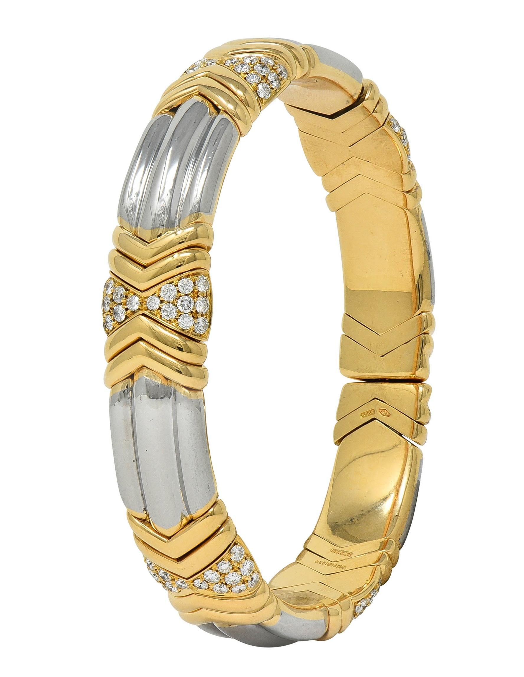 Bulgari 1980's 2.50 CTW Diamond Steel 18 Karat Yellow Gold Vintage Cuff Bracelet