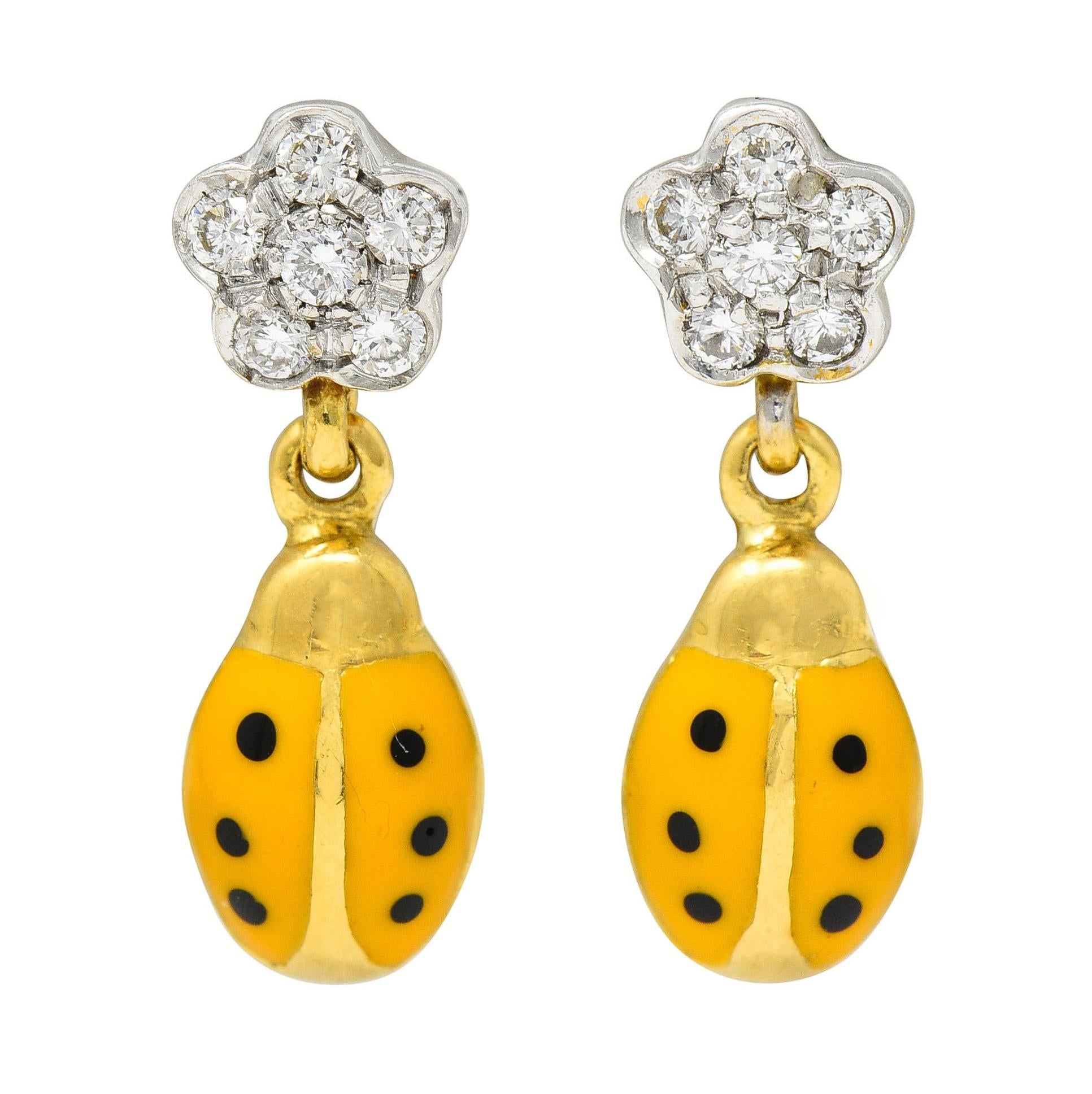 Aaron Basha Diamond Orange Enamel 18 Karat Two-Tone Gold Ladybug Drop Earrings