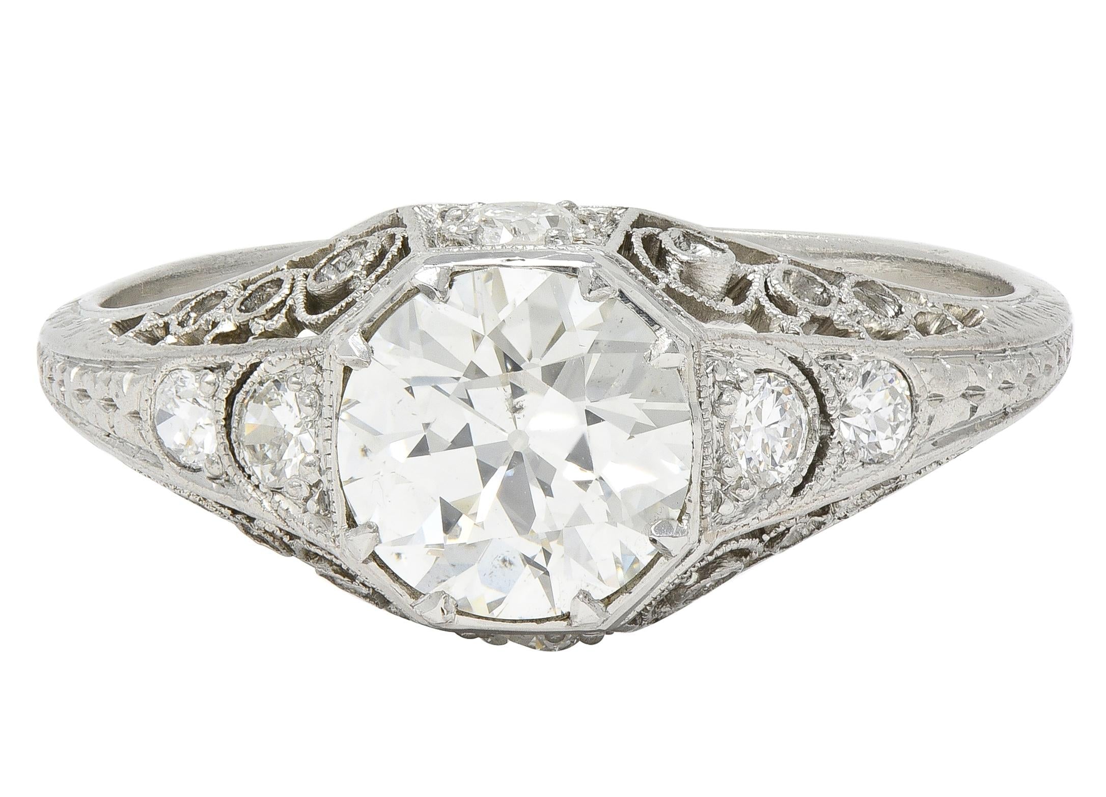 Art Deco Old European Diamond Platinum Antique Scroll Filigree Engagement Ring