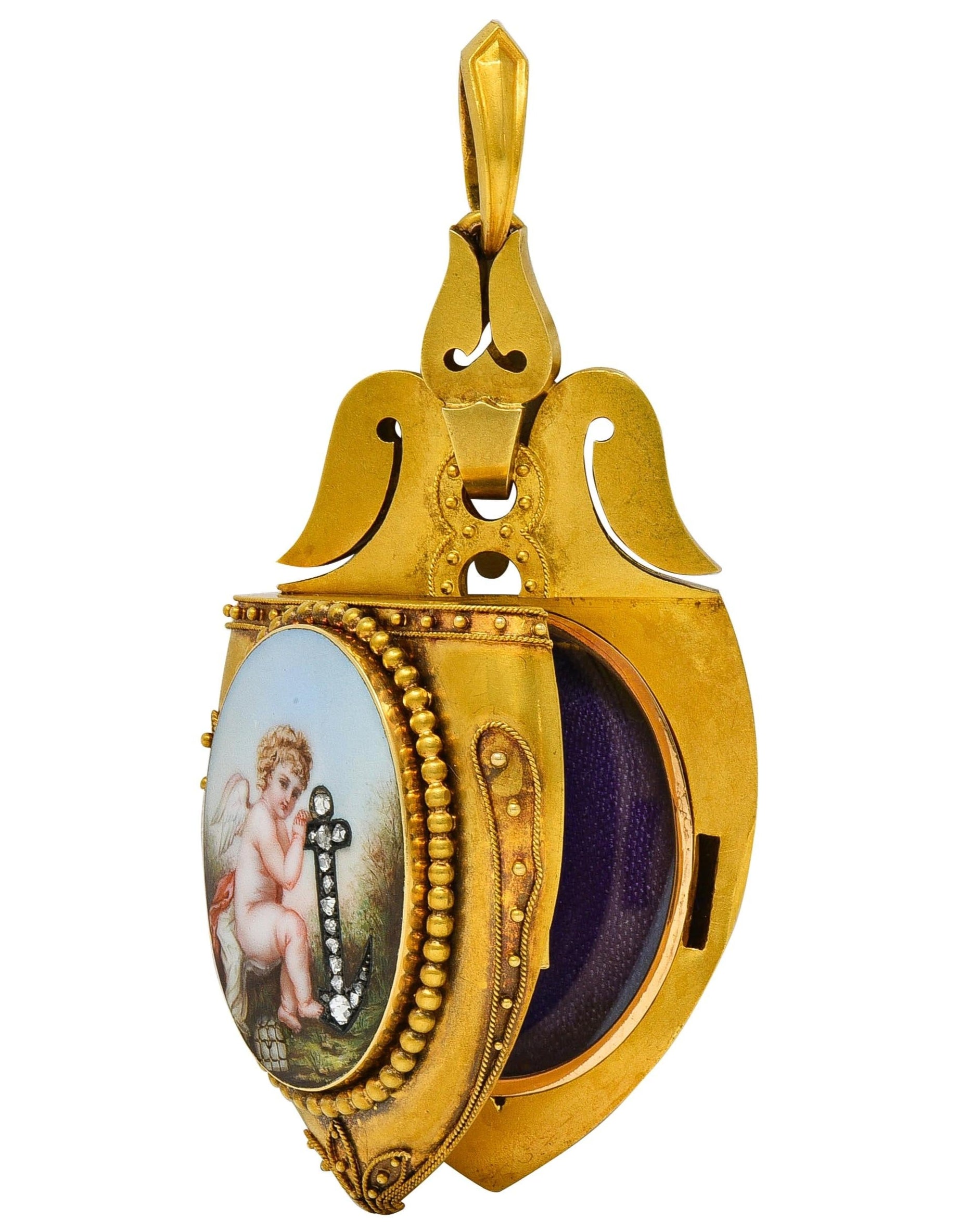 Victorian Diamond Enamel 14 Karat Yellow Gold Antique Cherub Portrait Locket