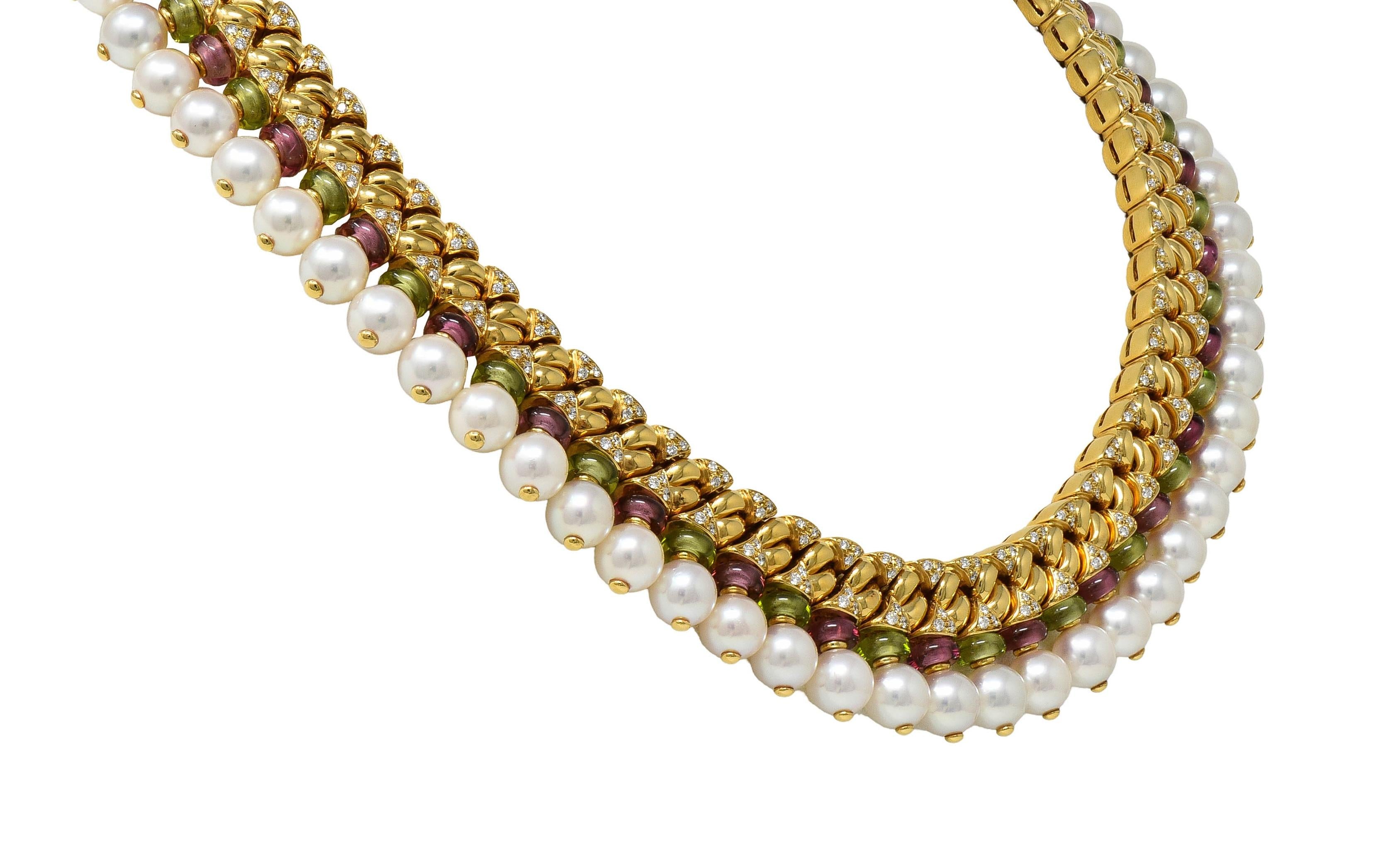 Bulgari 1990s Diamond Tourmaline Pearl 18K Gold Celtura Fringe Vintage Necklace