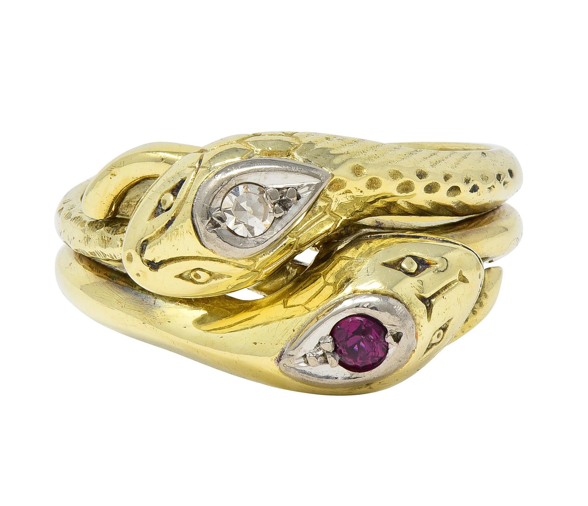 Vintage Ruby Diamond 14 Karat Two-Tone Gold Lovers Knot Unisex Snake Band Ring