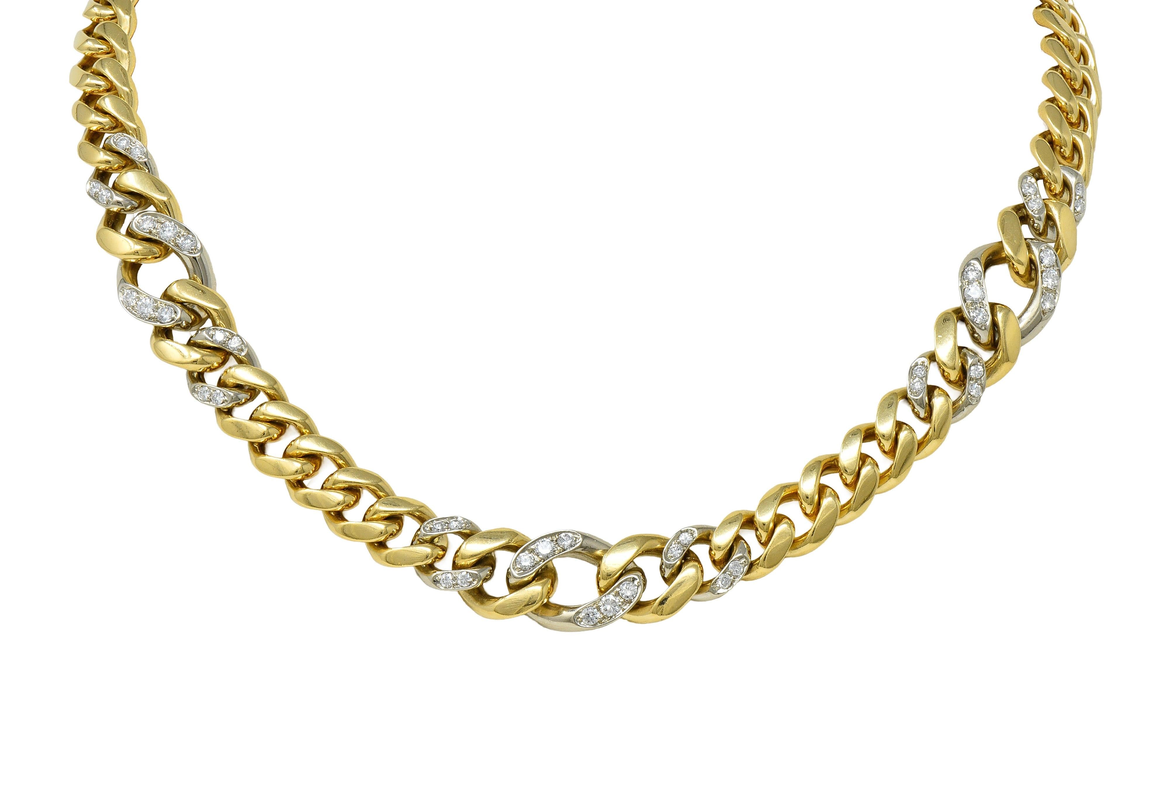 Bulgari 1970's Diamond 18K Two-Tone Yellow White Gold Vintage Curb Link Necklace