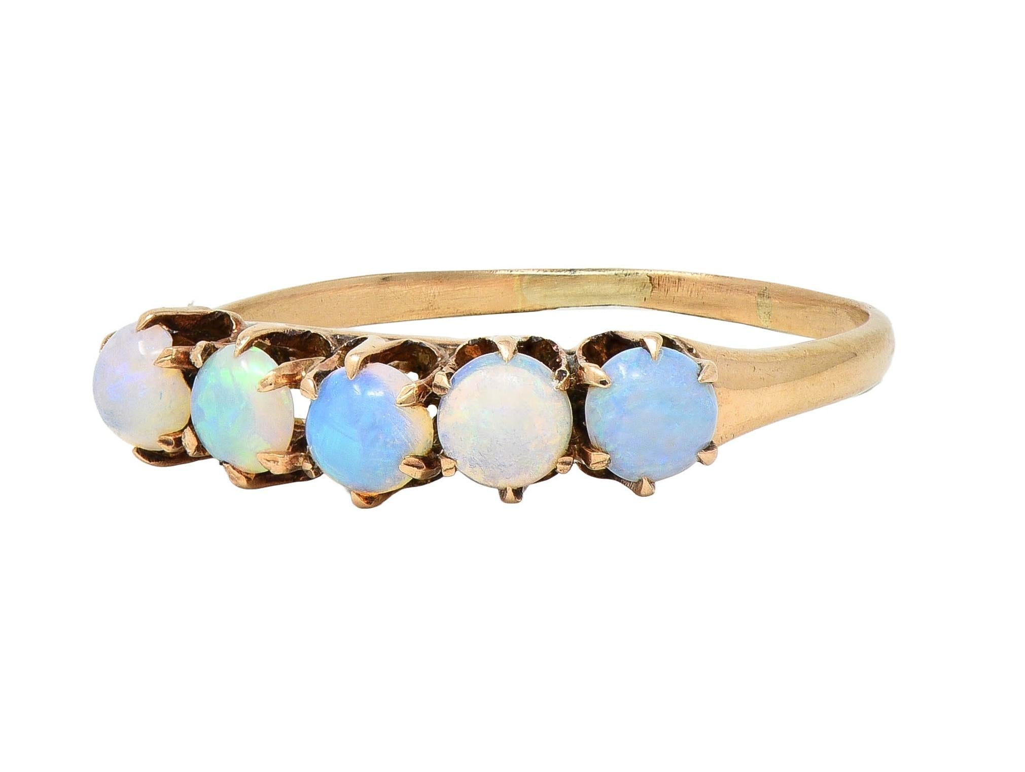 Victorian Opal Cabochon 14 Yellow Karat Gold Five Stone Antique Band Ring