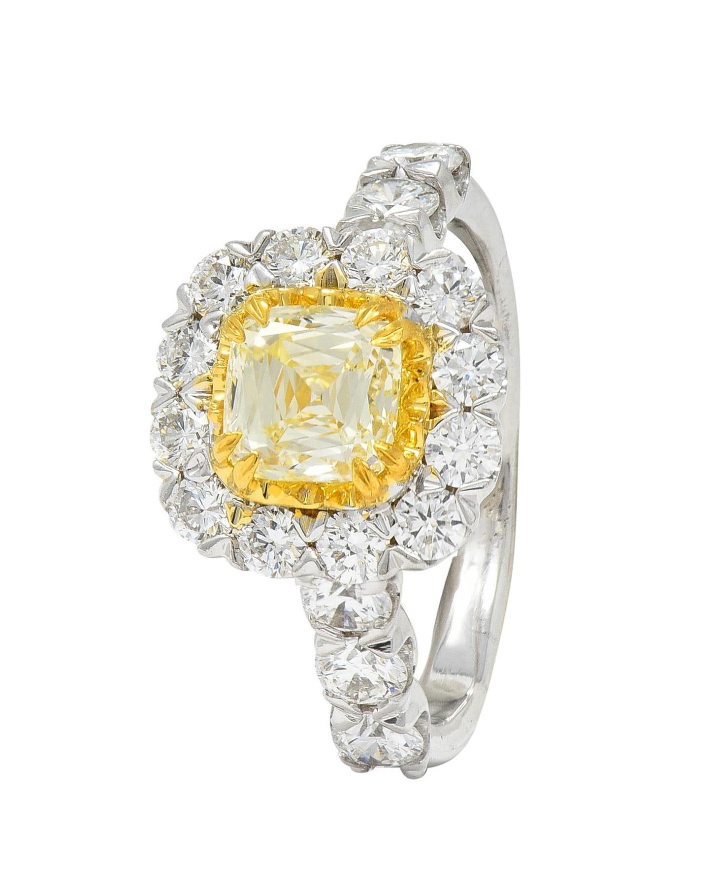 Contemporary 2.09 CTW Cushion Cut Diamond 18 Karat Gold Halo Engagement Ring GIA