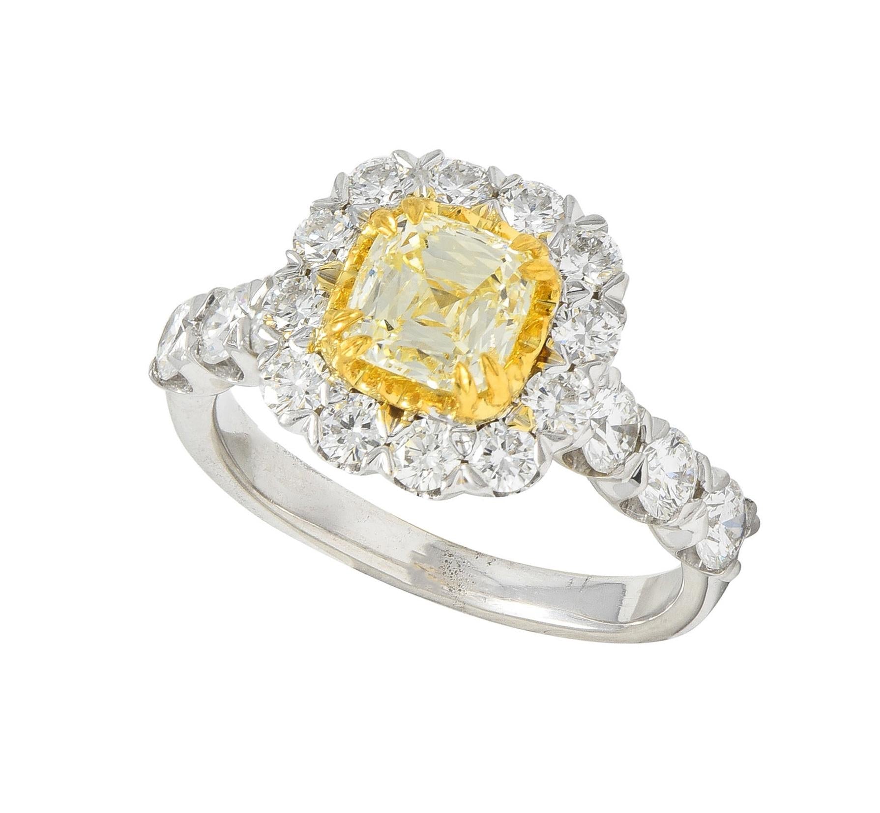 Contemporary 2.09 CTW Cushion Cut Diamond 18 Karat Gold Halo Engagement Ring GIA