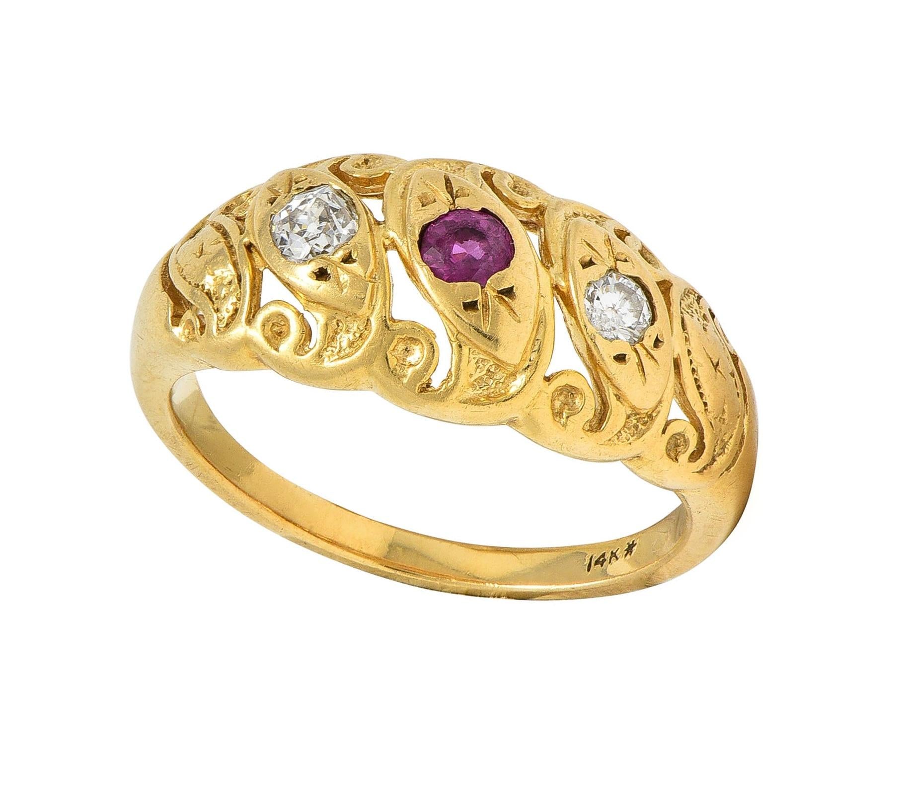 Vintage Ruby Diamond 14 Karat Yellow Gold Triple Snake Band Ring