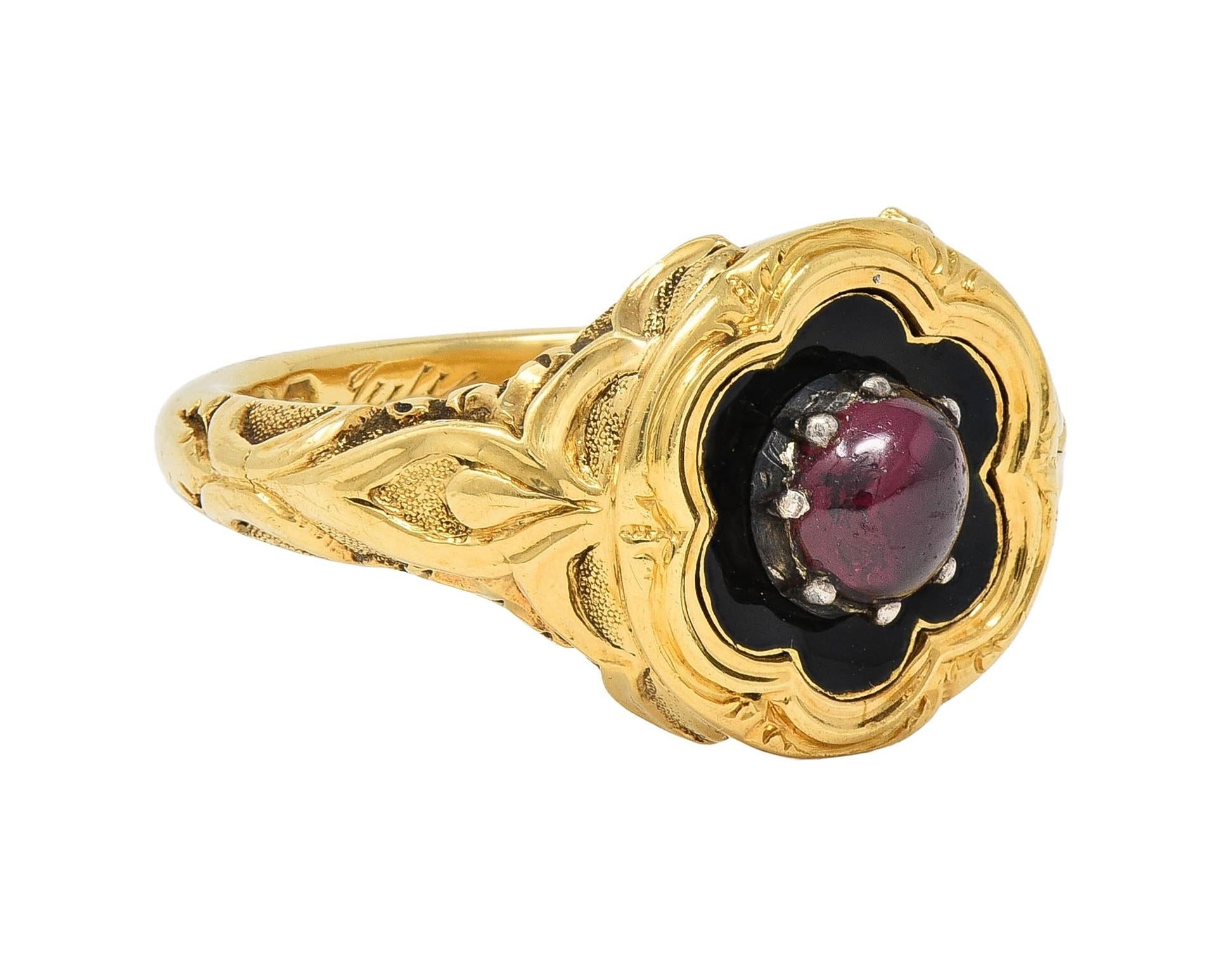 Late Victorian Ruby Enamel 14 Karat Gold Silver Antique Flower Mourning Ring