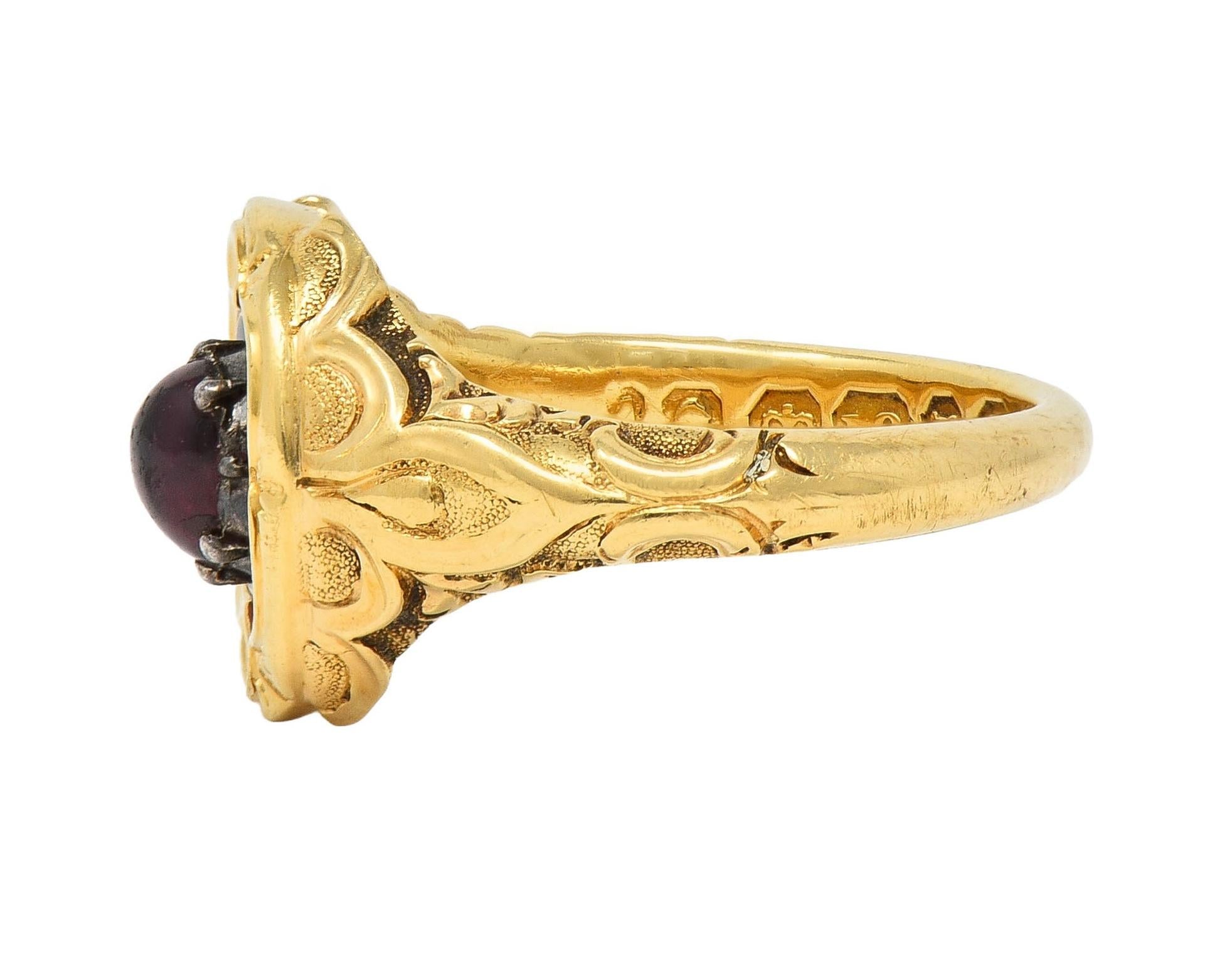 Late Victorian Ruby Enamel 14 Karat Gold Silver Antique Flower Mourning Ring