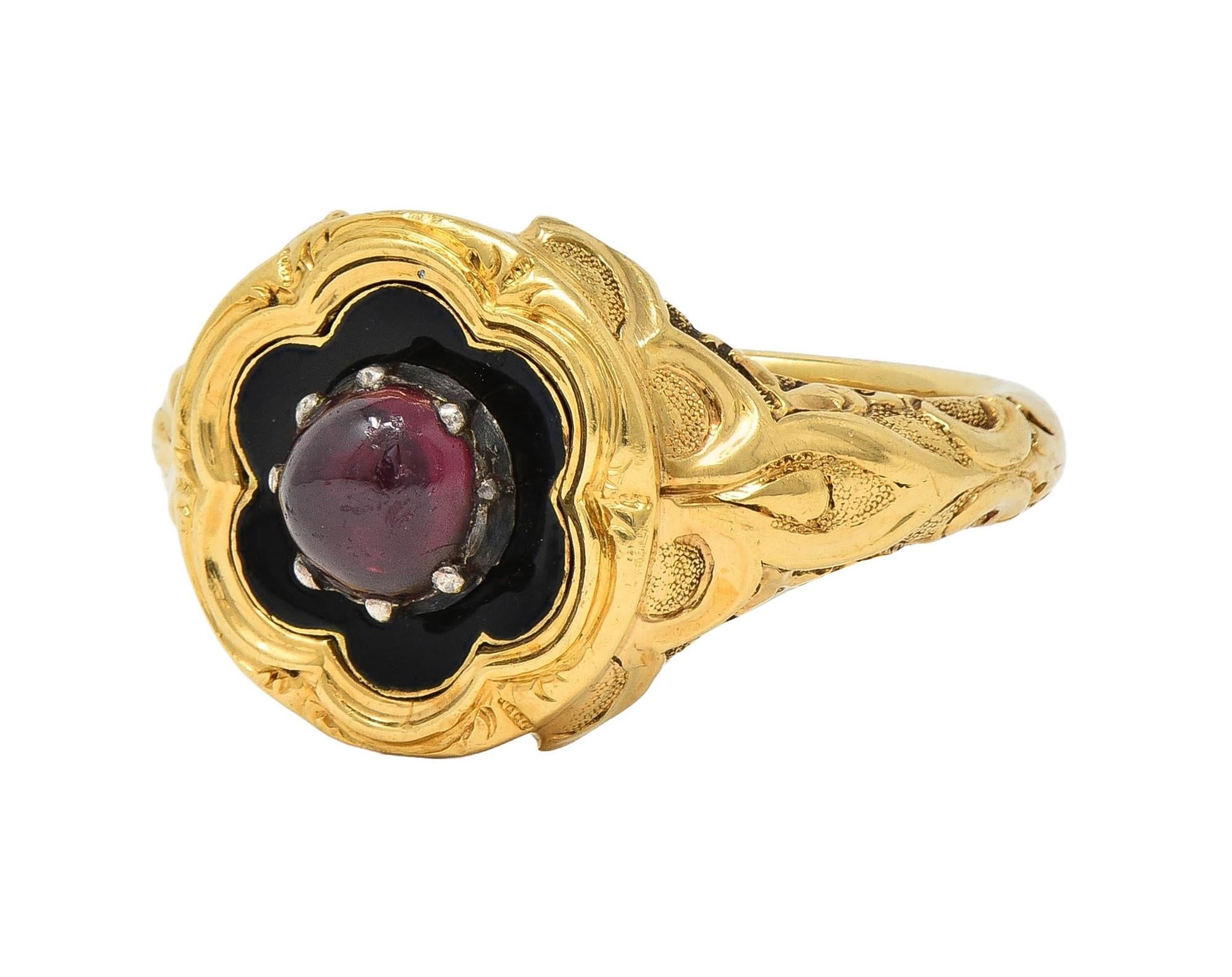 Late Victorian Ruby Enamel 14 Karat Gold Silver Antique Flower Mourning Ring