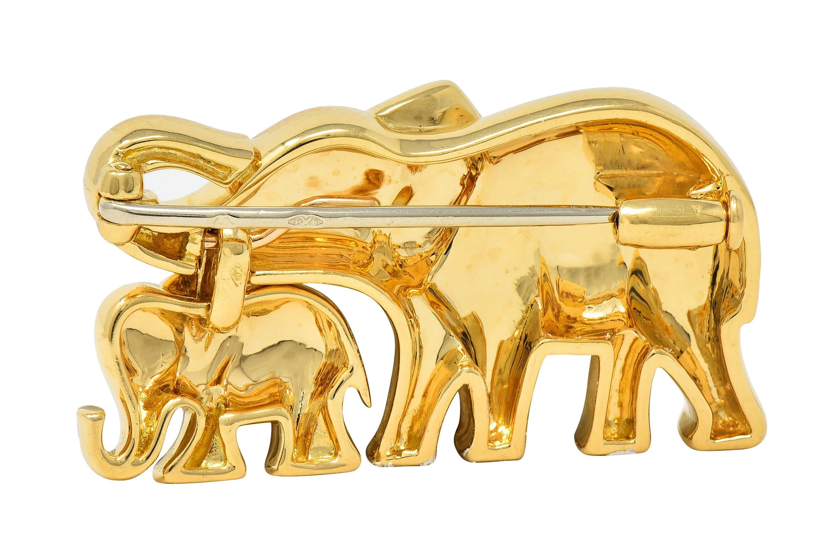 Cartier French 1980 18 Karat Yellow Gold Vintage Mother & Child Elephant Brooch