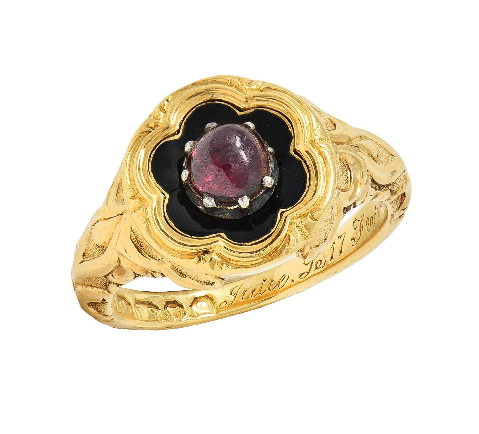 Late Victorian Ruby Enamel 14 Karat Gold Silver Antique Flower Mourning Ring