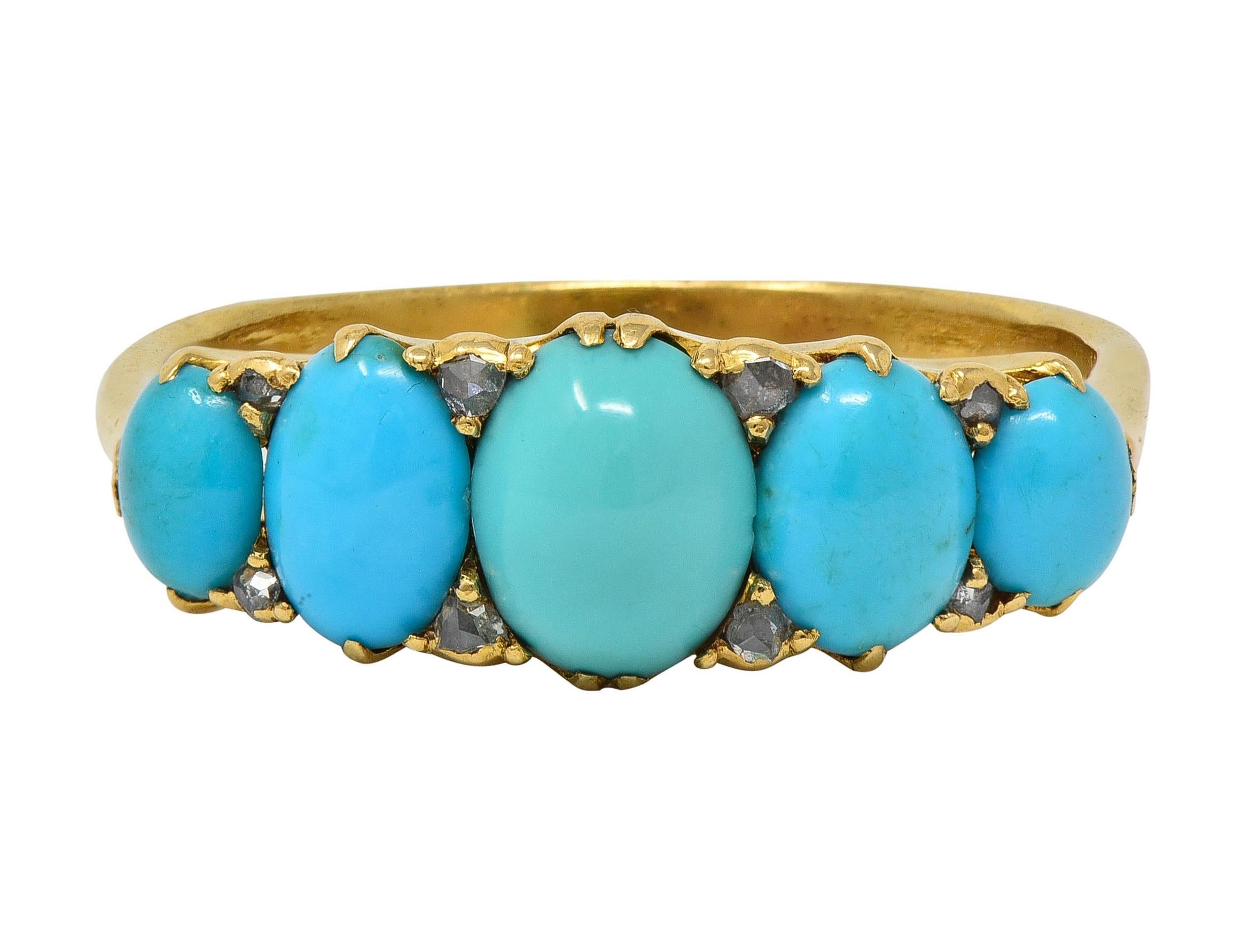 Victorian Turquoise Diamond 18 Karat Yellow Gold Antique Five Stone Band Ring