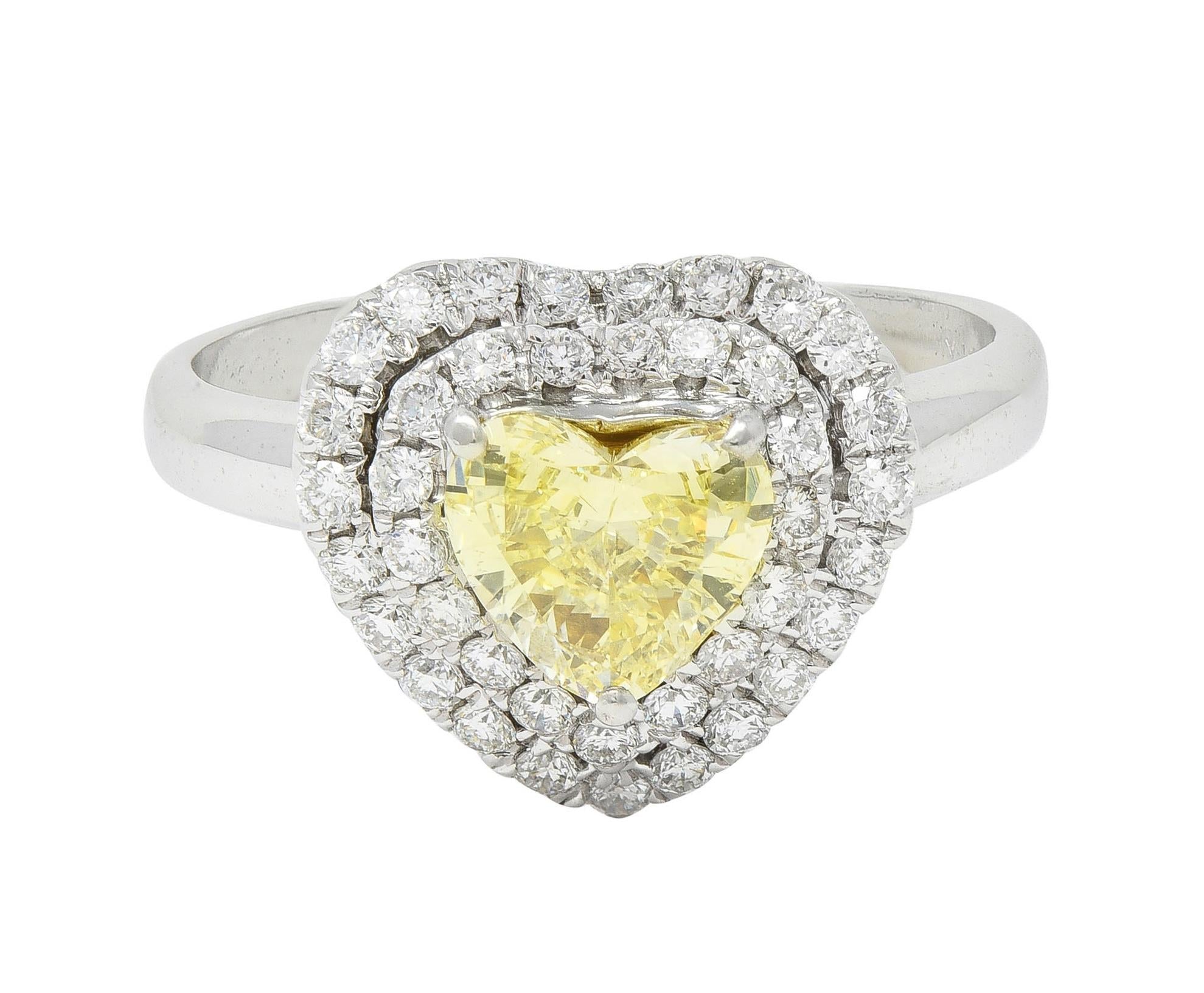 Vintage 1.50 CTW Fancy Light Yellow Heart Diamond 18 Karat Gold Halo Ring GIA