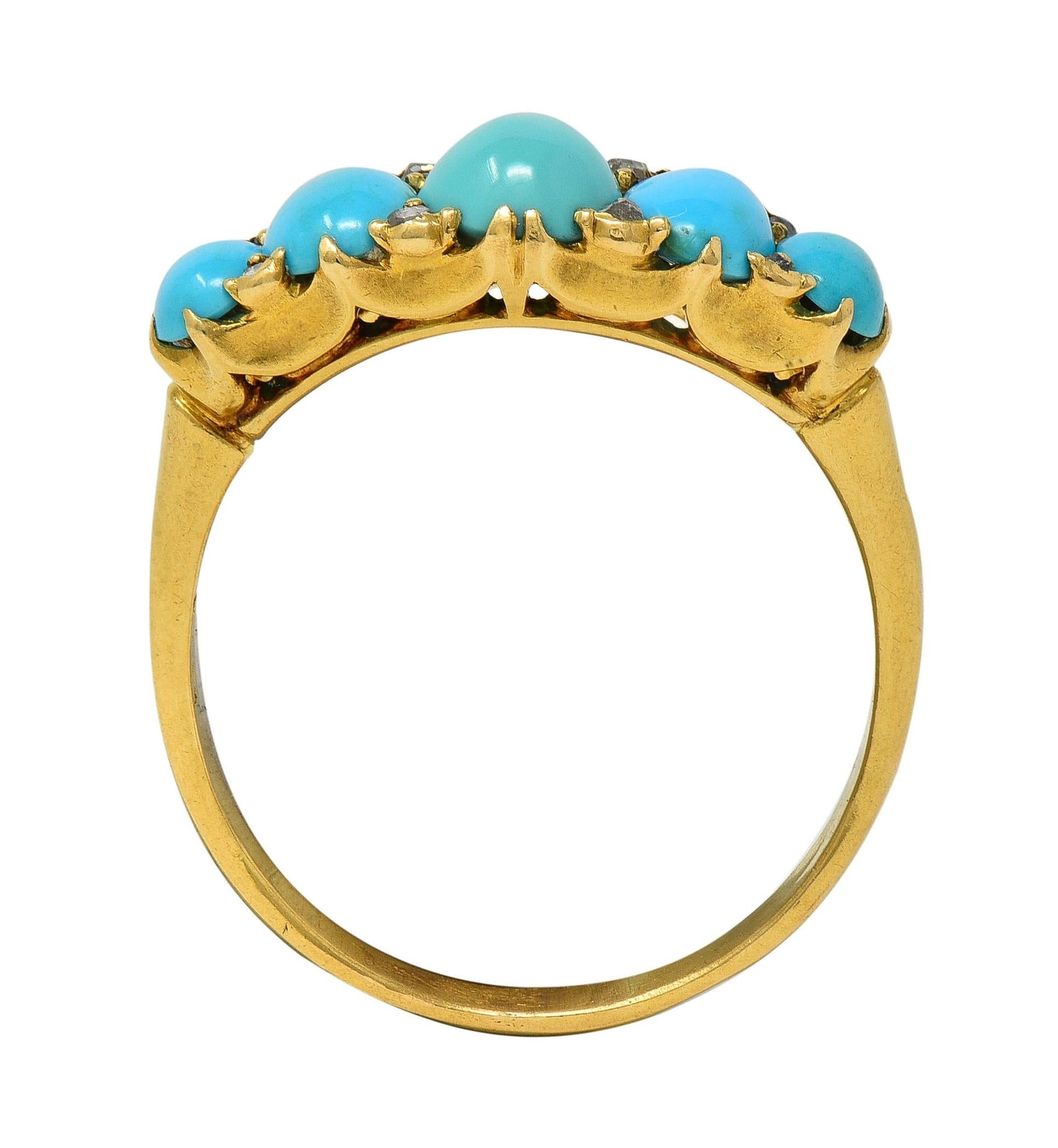 Victorian Turquoise Diamond 18 Karat Yellow Gold Antique Five Stone Band Ring