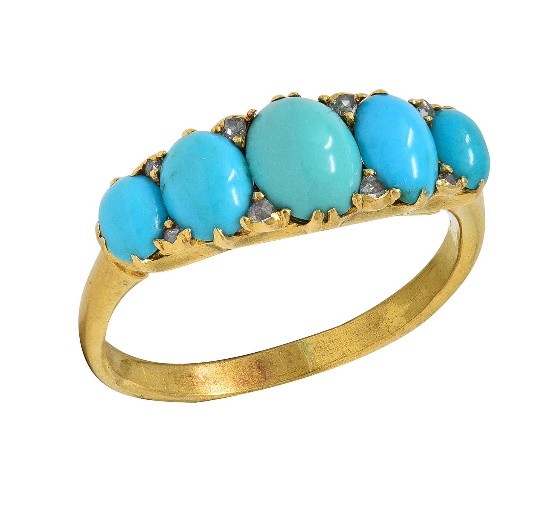 Victorian Turquoise Diamond 18 Karat Yellow Gold Antique Five Stone Band Ring