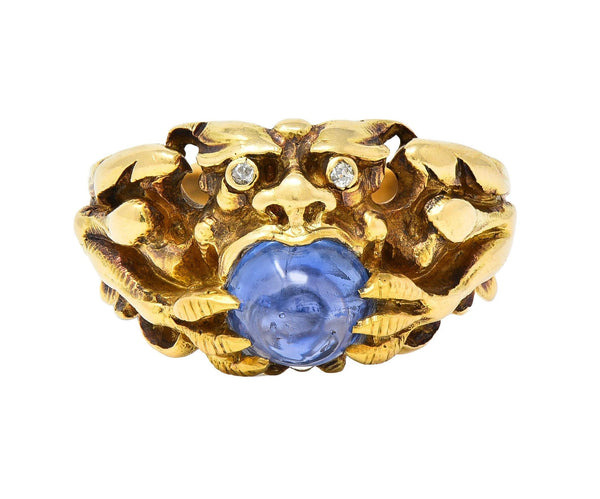 Art Nouveau 2.37 CTW Sapphire Cabochon Diamond 14K Gold Antique Gargoyle Ring