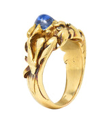 Art Nouveau 2.37 CTW Sapphire Cabochon Diamond 14K Gold Antique Gargoyle Ring