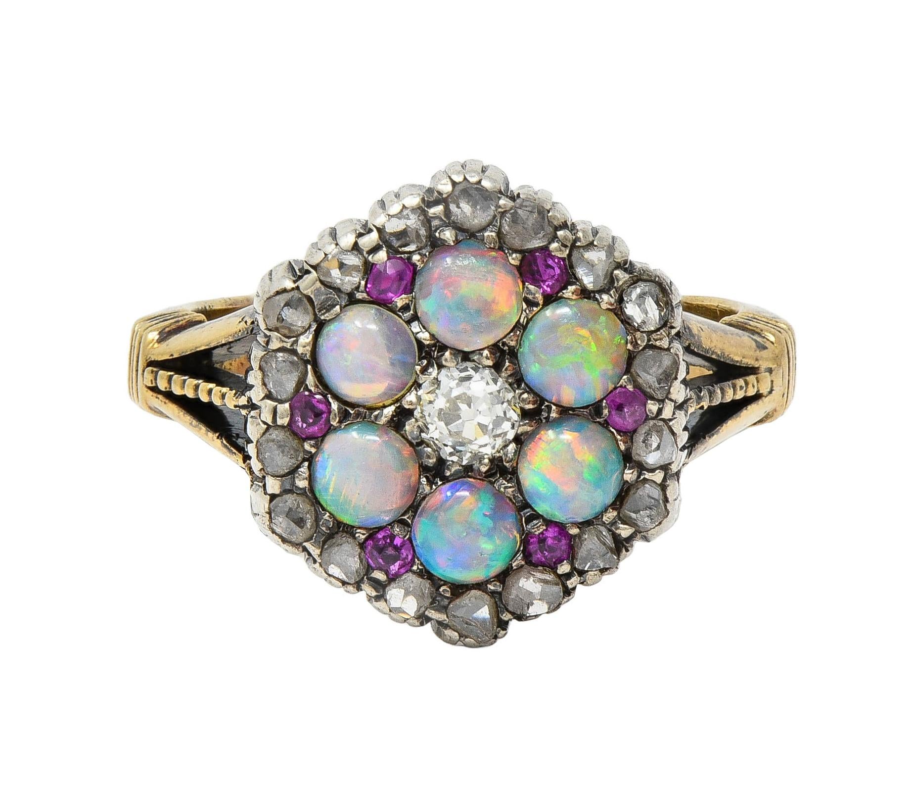 Victorian 0.58 CTW Diamond Ruby Opal Silver 14 Karat Gold Antique Cluster Ring